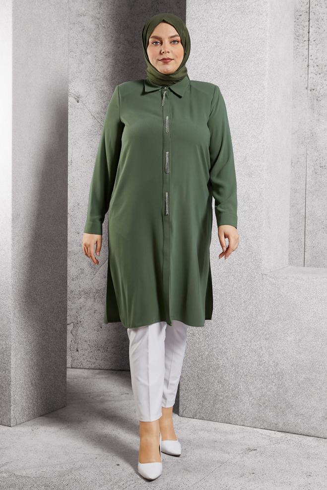 Vêtements hijab KAKI TUNIQUE BRODÉE DE PIERRES PRÉCIEUSES 20636 - ALVİNA