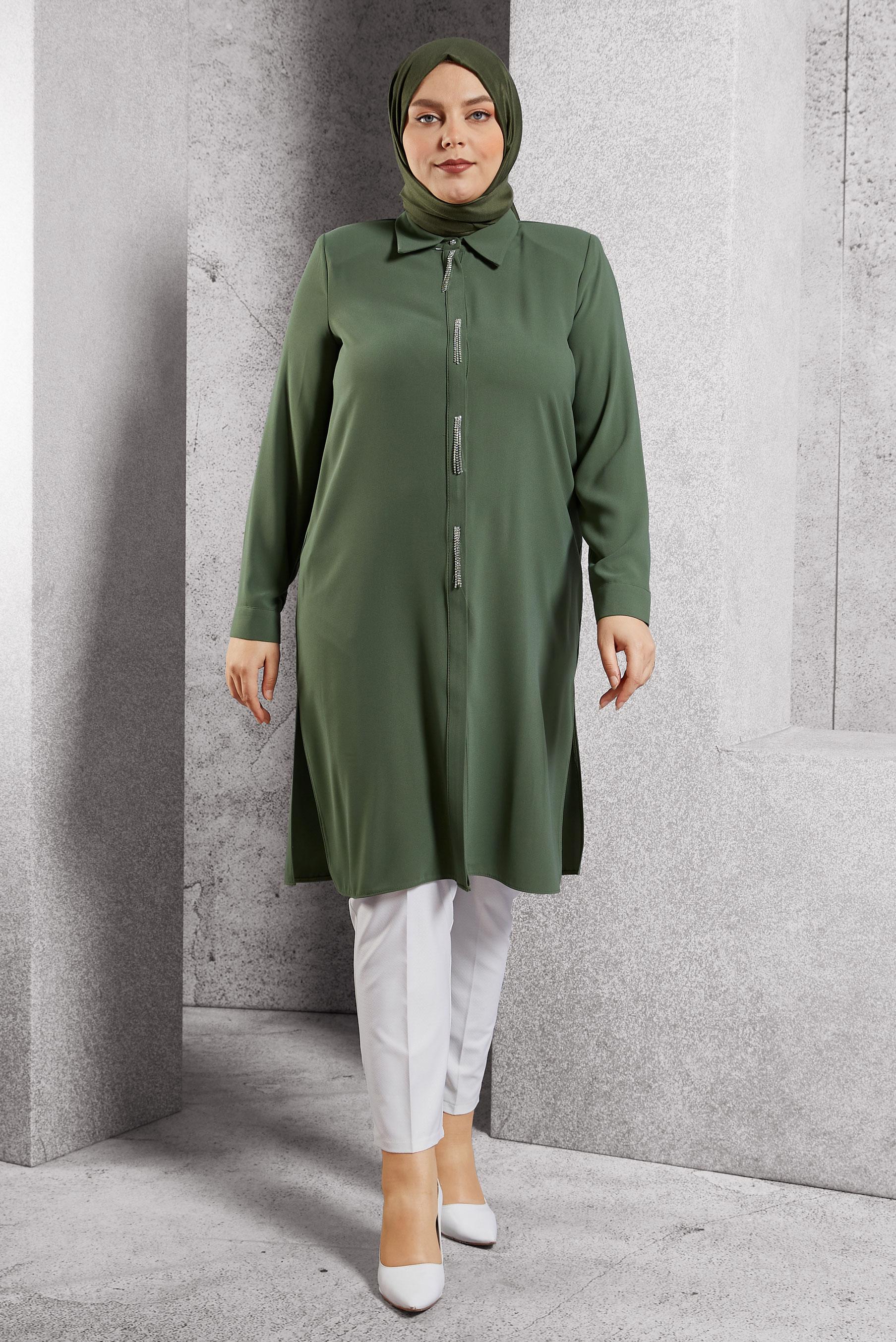 Vêtements hijab KAKI TUNIQUE BRODÉE DE PIERRES PRÉCIEUSES 20636