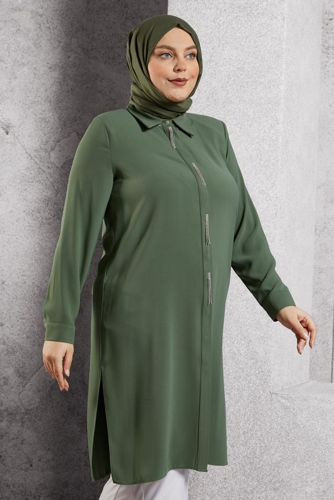 Vêtements hijab KAKI TUNIQUE BRODÉE DE PIERRES PRÉCIEUSES 20636 - ALVİNA