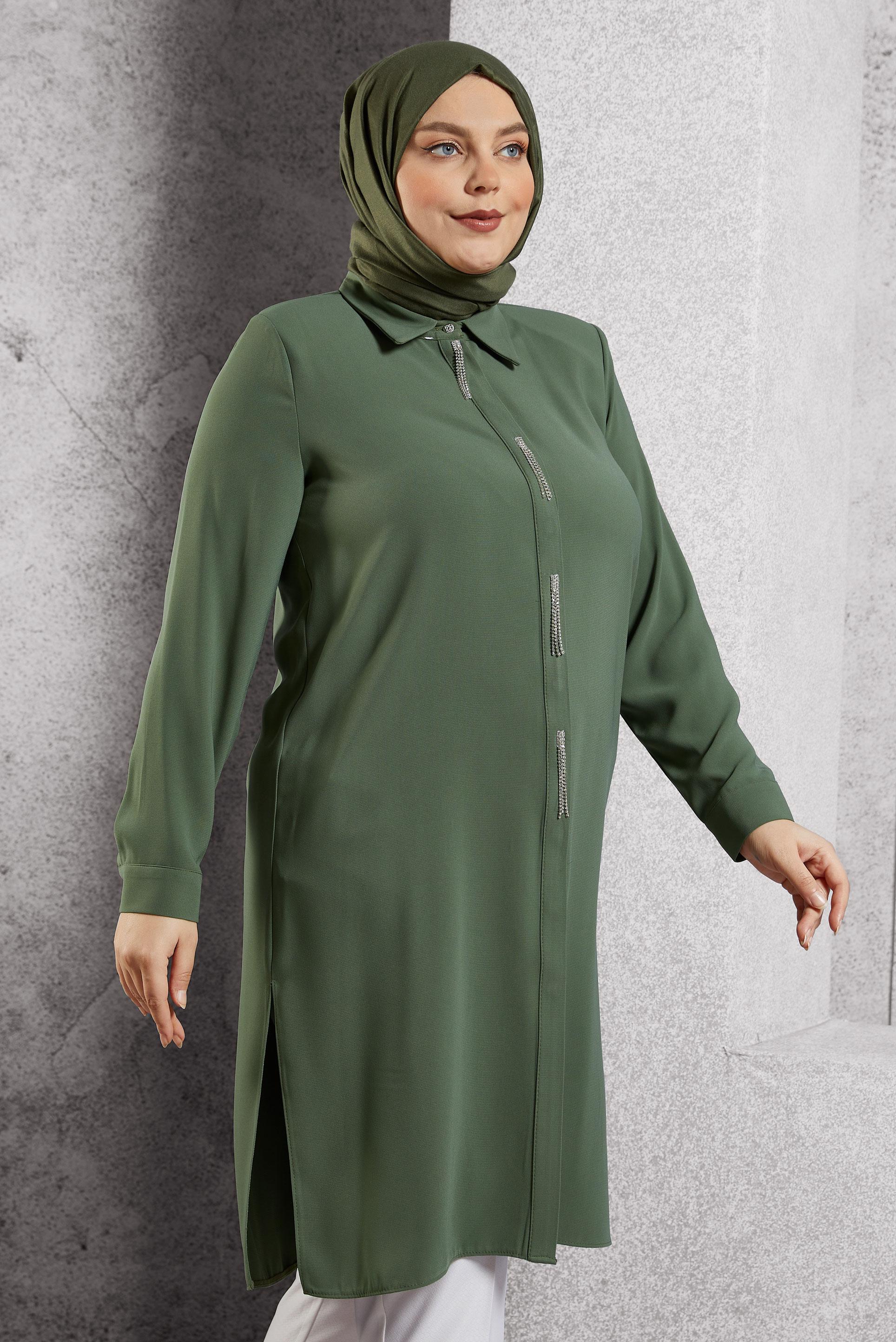 Vêtements hijab KAKI TUNIQUE BRODÉE DE PIERRES PRÉCIEUSES 20636