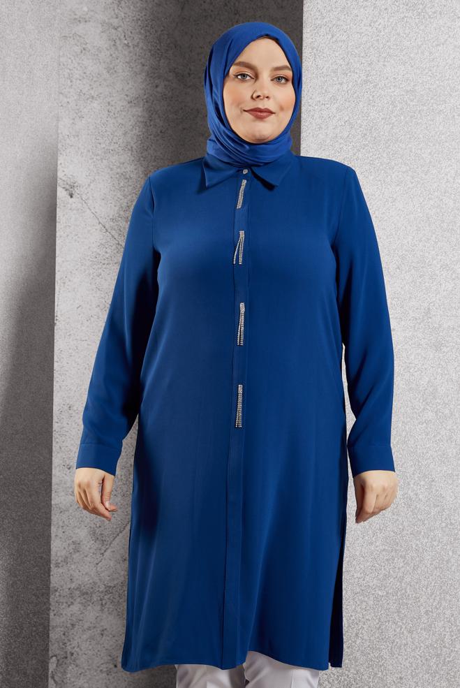Vêtements hijab BLEU MARINE TUNIQUE BRODÉE DE PIERRES PRÉCIEUSES 20636 - ALVİNA