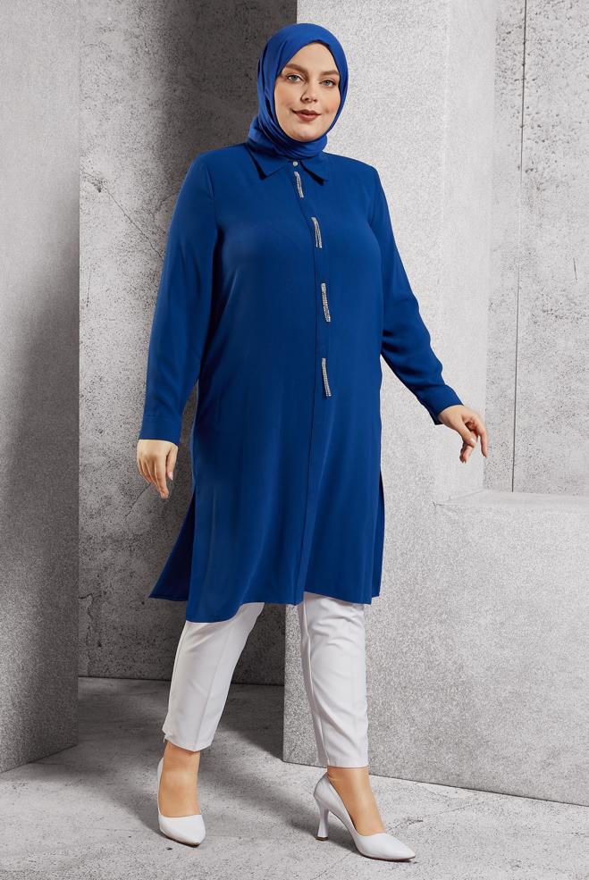 Vêtements hijab BLEU MARINE TUNIQUE BRODÉE DE PIERRES PRÉCIEUSES 20636 - ALVİNA