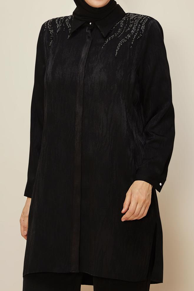 Vêtements hijab NOIR TUNIQUE CHEMISE JACQUARD 20638 - ALVİNA