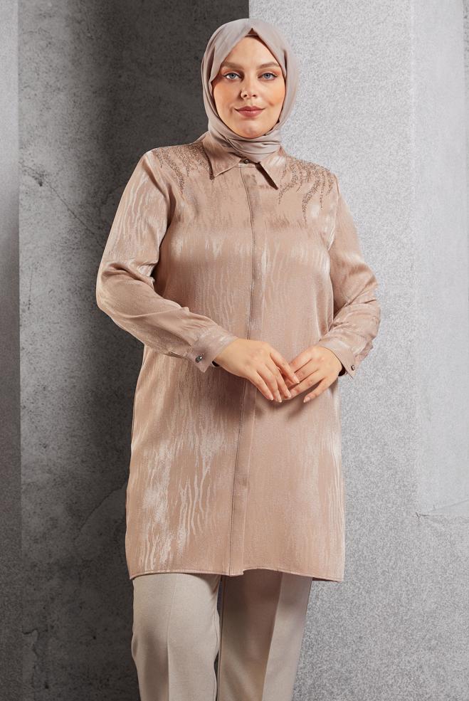 Vêtements hijab BEIGE TUNIQUE CHEMISE JACQUARD 20638 - ALVİNA