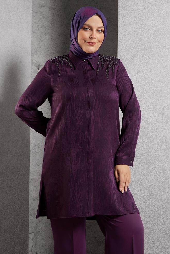 Vêtements hijab PRUNE TUNIQUE CHEMISE JACQUARD 20638 - ALVİNA