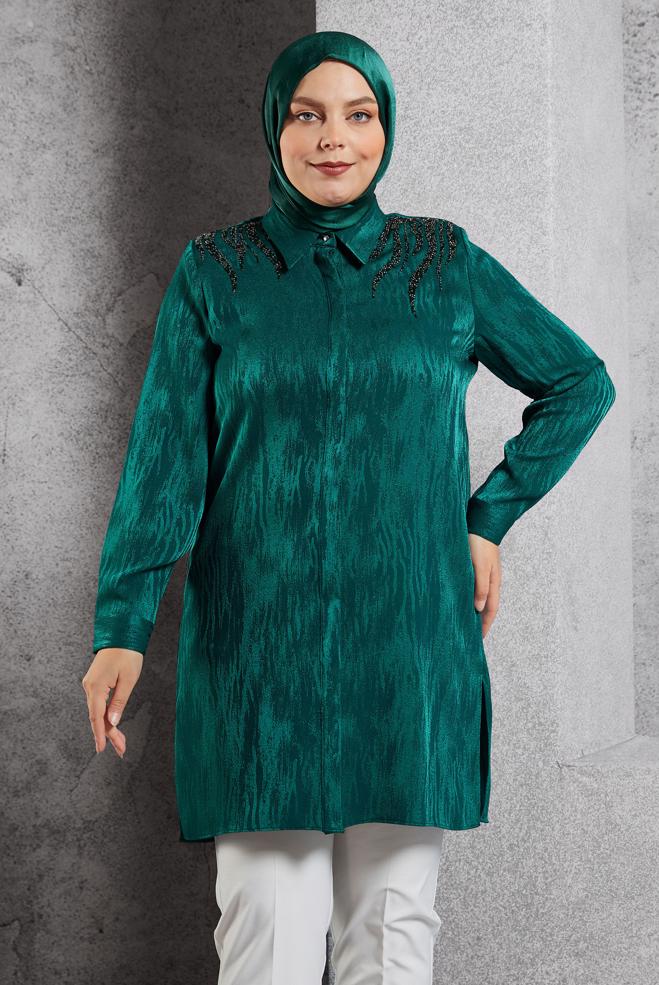 Vêtements hijab VERT TUNIQUE CHEMISE JACQUARD 20638 - ALVİNA