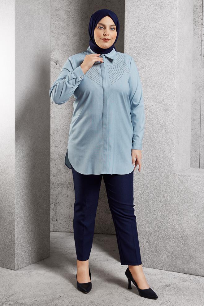 Tesettür giyim MAVİ BÜYÜK BEDEN GÖMLEK TUNİK 20648 - ALVİNA