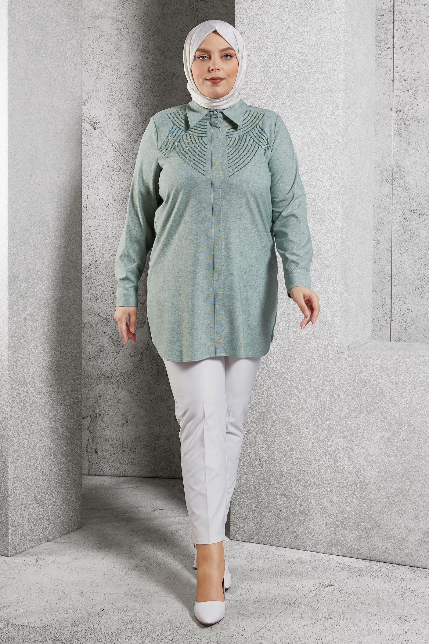 Tesettür giyim YEŞİL BÜYÜK BEDEN GÖMLEK TUNİK 20648