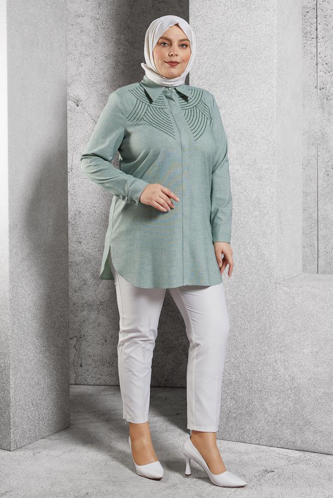 Tesettür giyim YEŞİL BÜYÜK BEDEN GÖMLEK TUNİK 20648 - ALVİNA