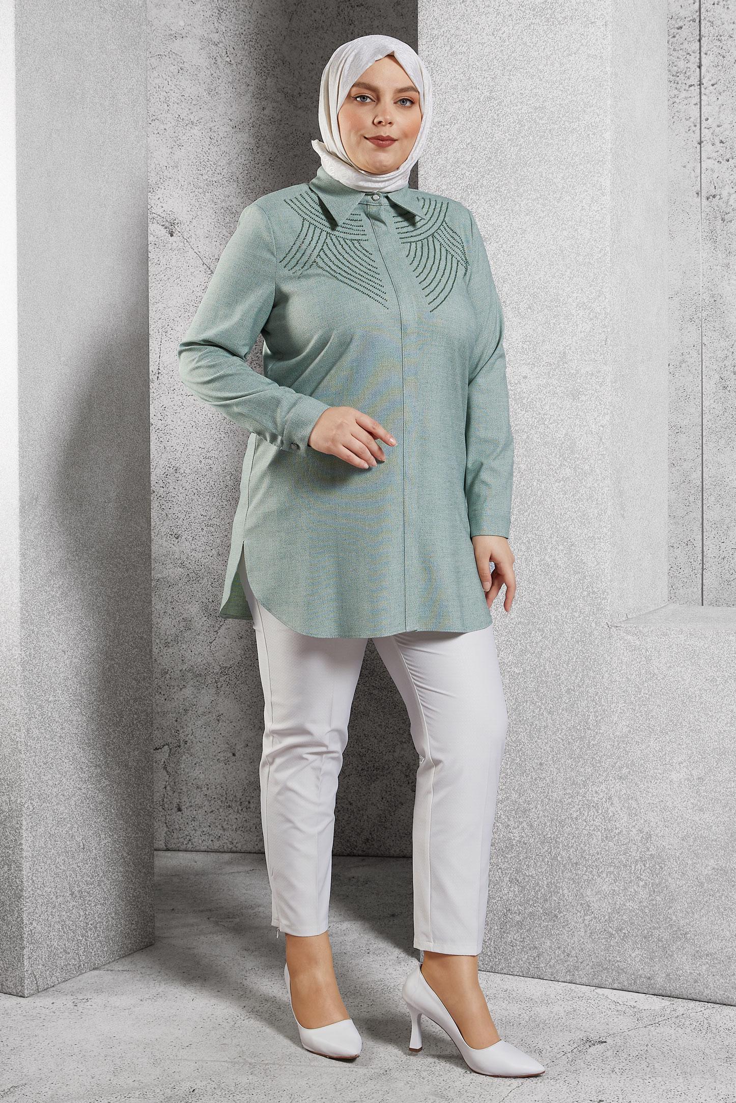 Tesettür giyim YEŞİL BÜYÜK BEDEN GÖMLEK TUNİK 20648