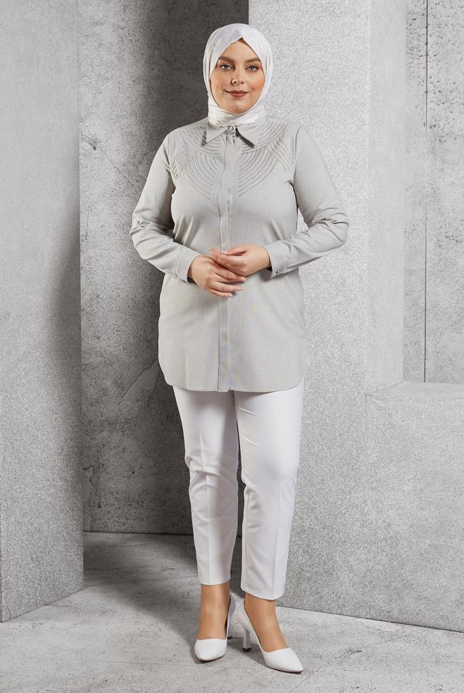 Tesettür giyim BEJ BÜYÜK BEDEN GÖMLEK TUNİK 20648 - ALVİNA