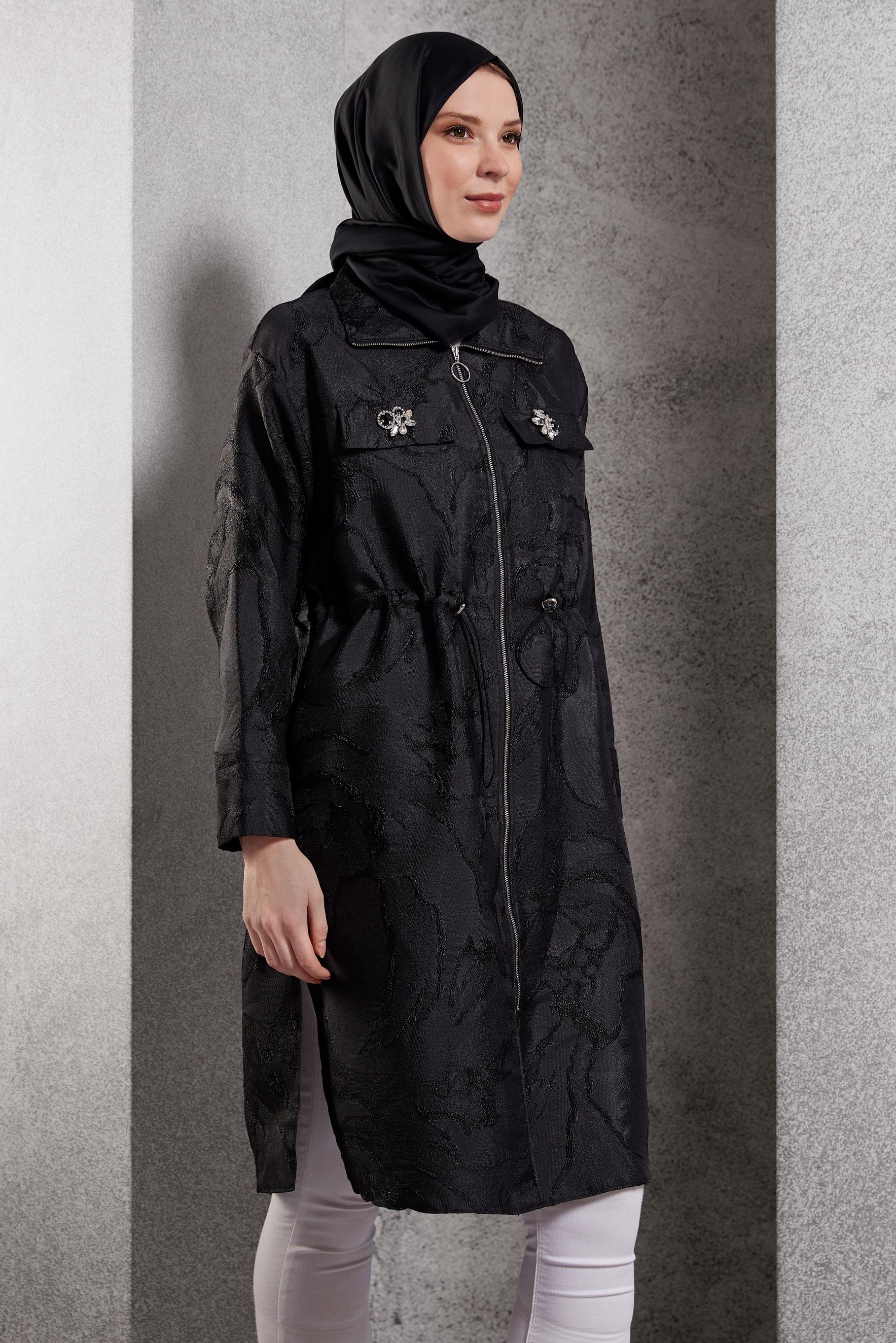 Tesettür giyim SİYAH FERMUARLI JAKAR TUNİK 44730