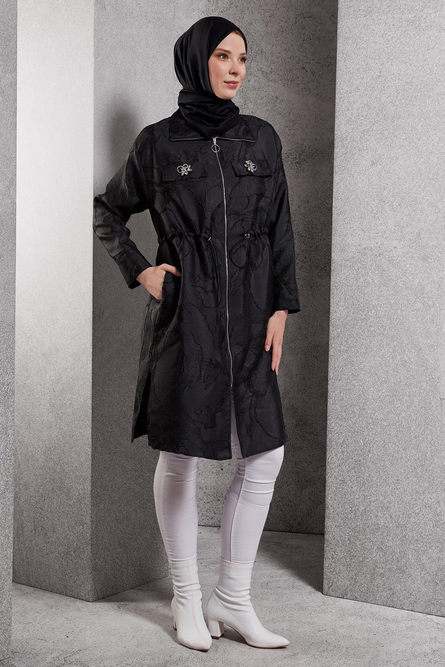 Tesettür giyim SİYAH FERMUARLI JAKAR TUNİK 44730