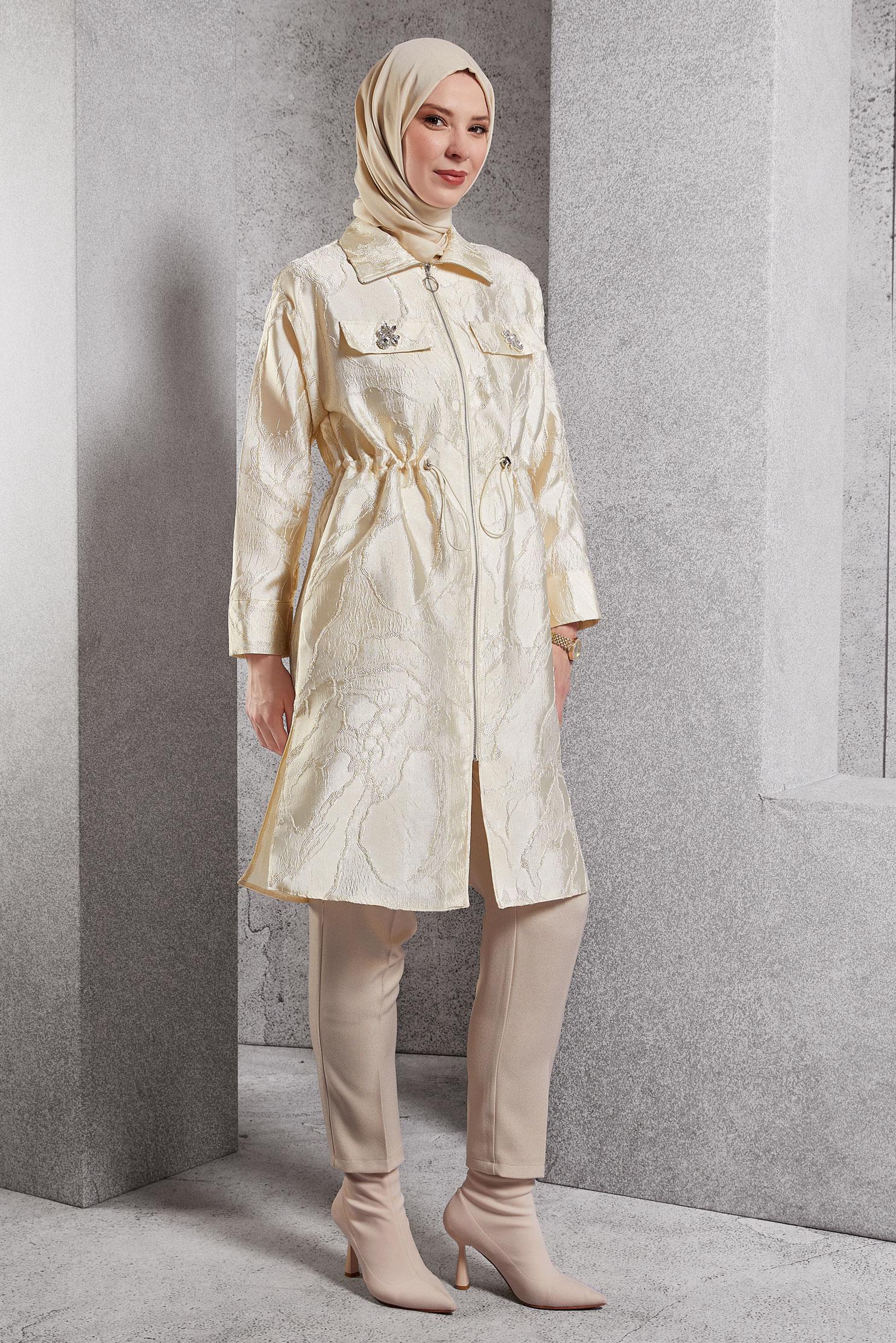 Tesettür giyim BEYAZ FERMUARLI JAKAR TUNİK 44730