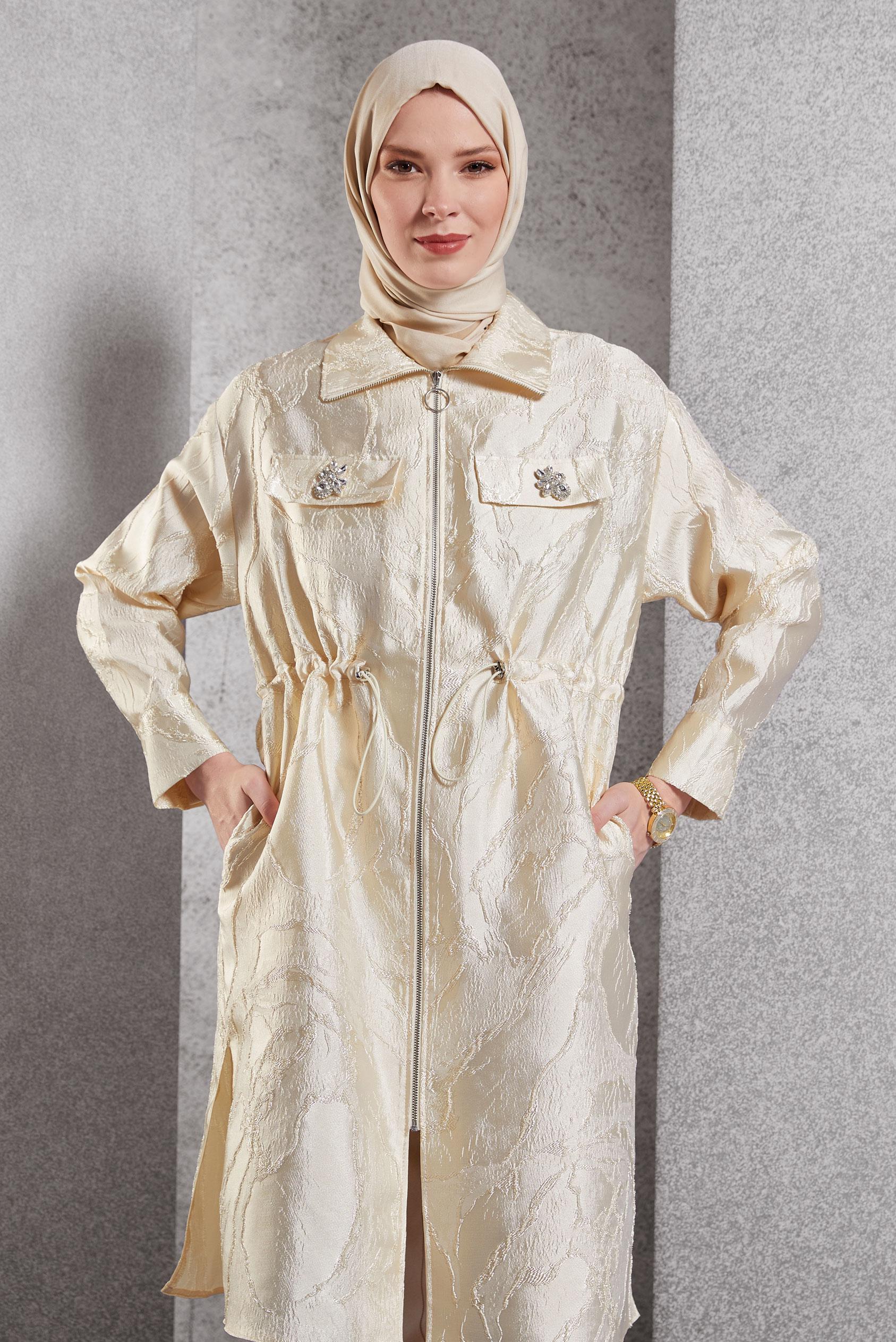 Tesettür giyim BEYAZ FERMUARLI JAKAR TUNİK 44730