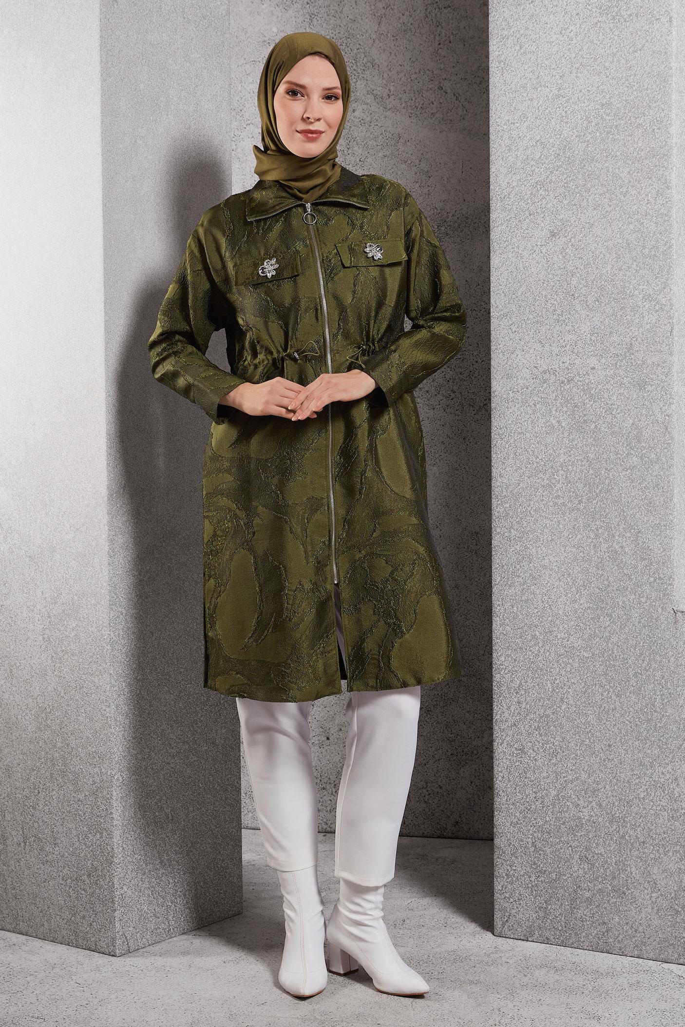 Tesettür giyim HAKİ FERMUARLI JAKAR TUNİK 44730