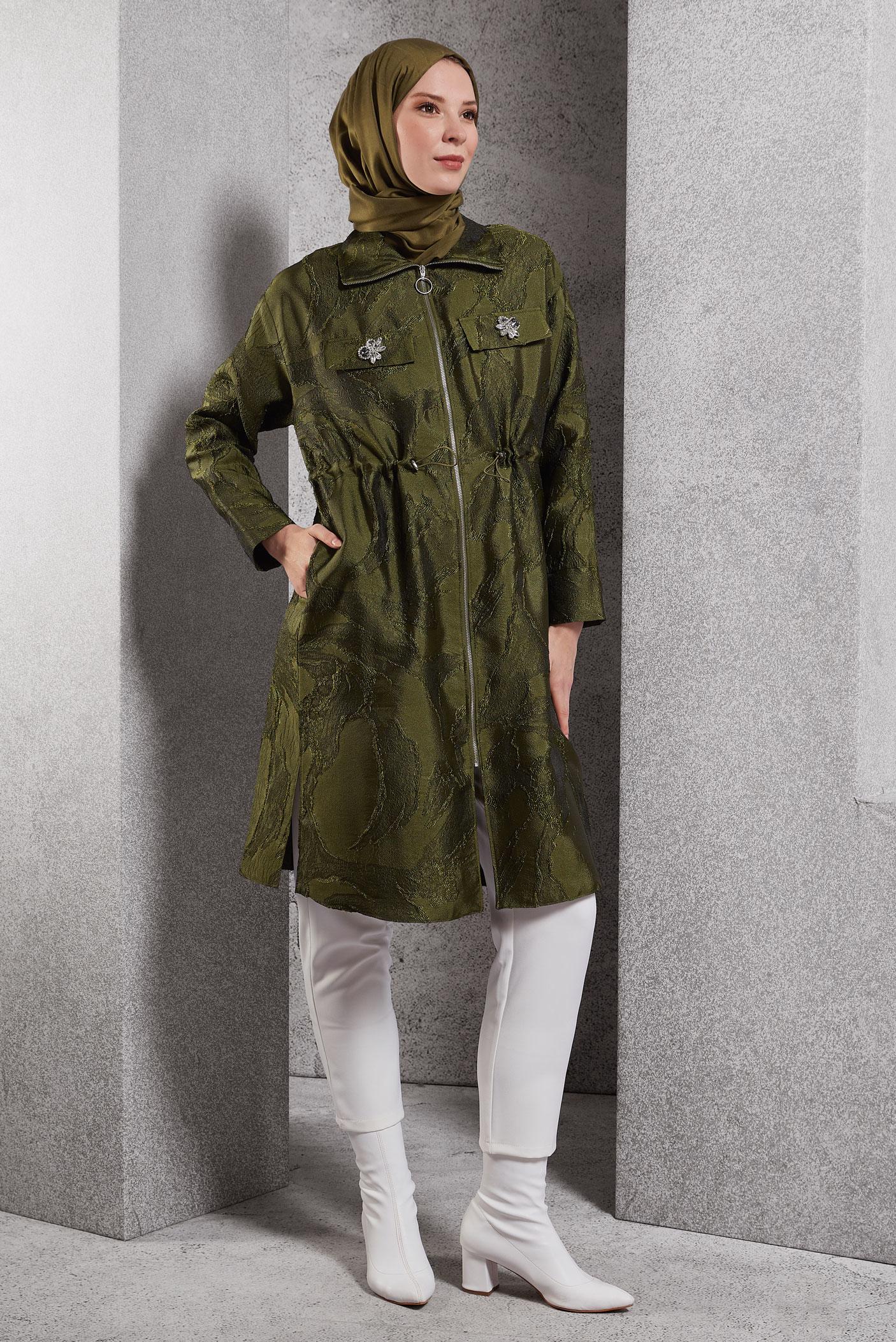 Tesettür giyim HAKİ FERMUARLI JAKAR TUNİK 44730