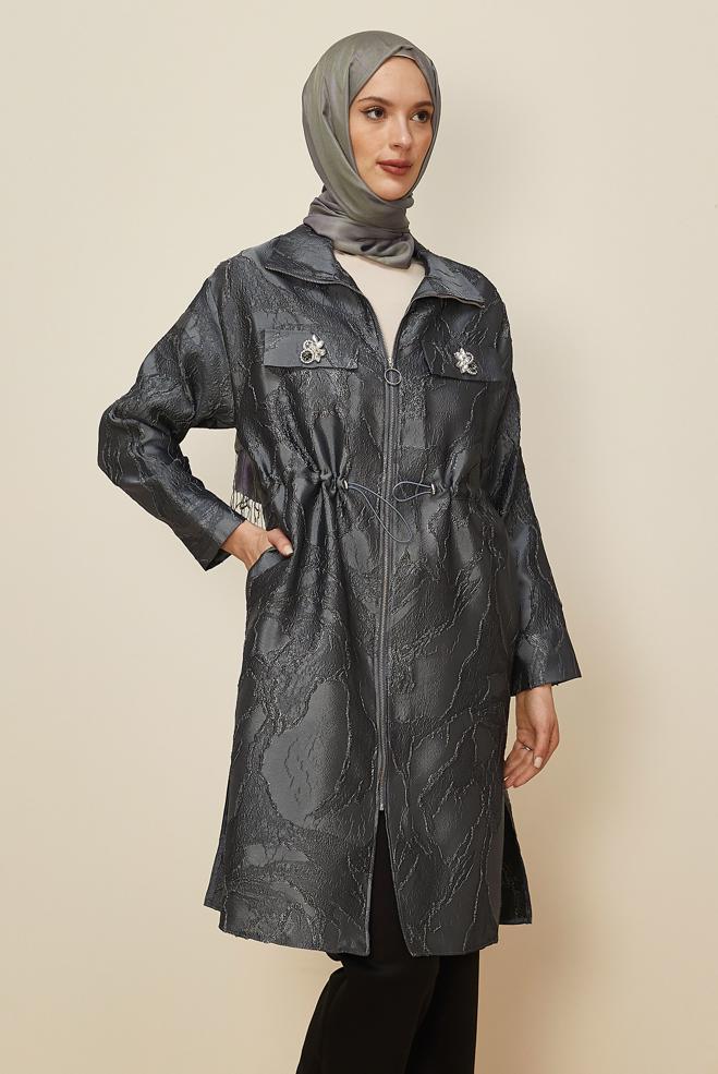 Tesettür giyim GRİ FERMUARLI JAKAR TUNİK 44730 - ALVİNA