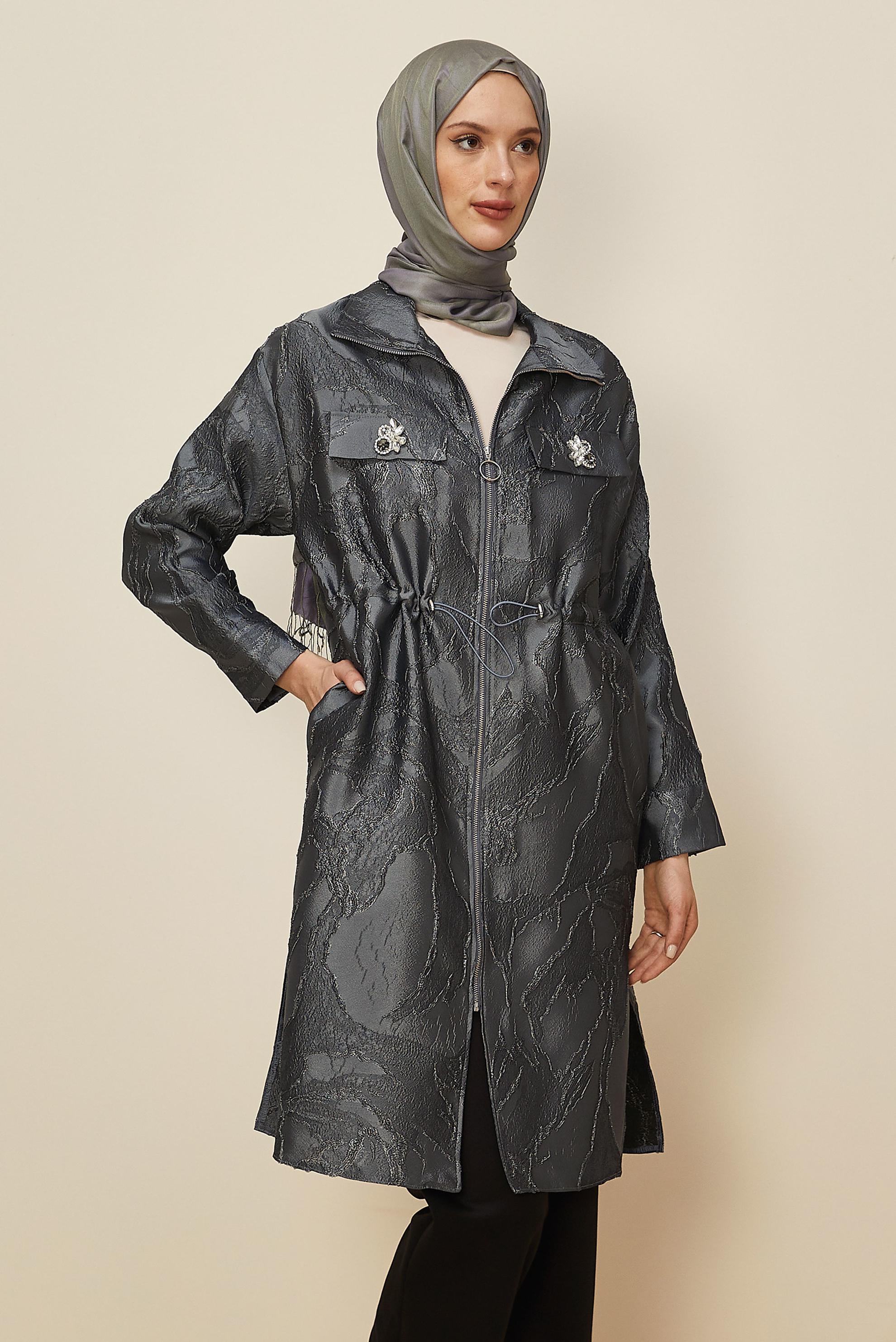 Tesettür giyim GRİ FERMUARLI JAKAR TUNİK 44730