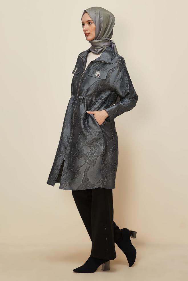 Tesettür giyim GRİ FERMUARLI JAKAR TUNİK 44730 - ALVİNA