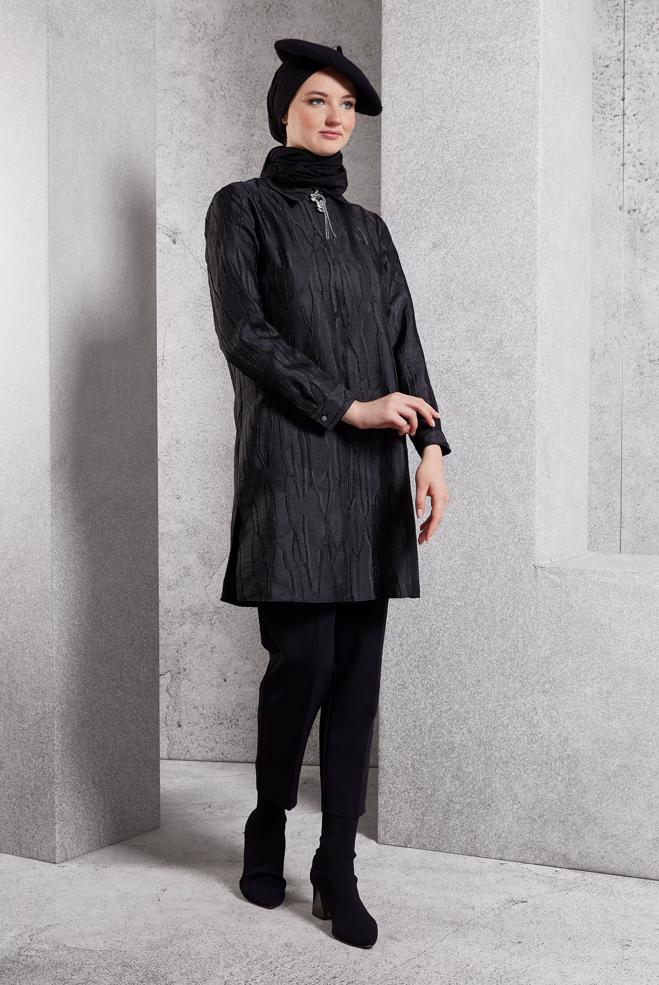 Tesettür giyim SİYAH BROŞLU JAKARLI TUNİK 44737 - ALVİNA