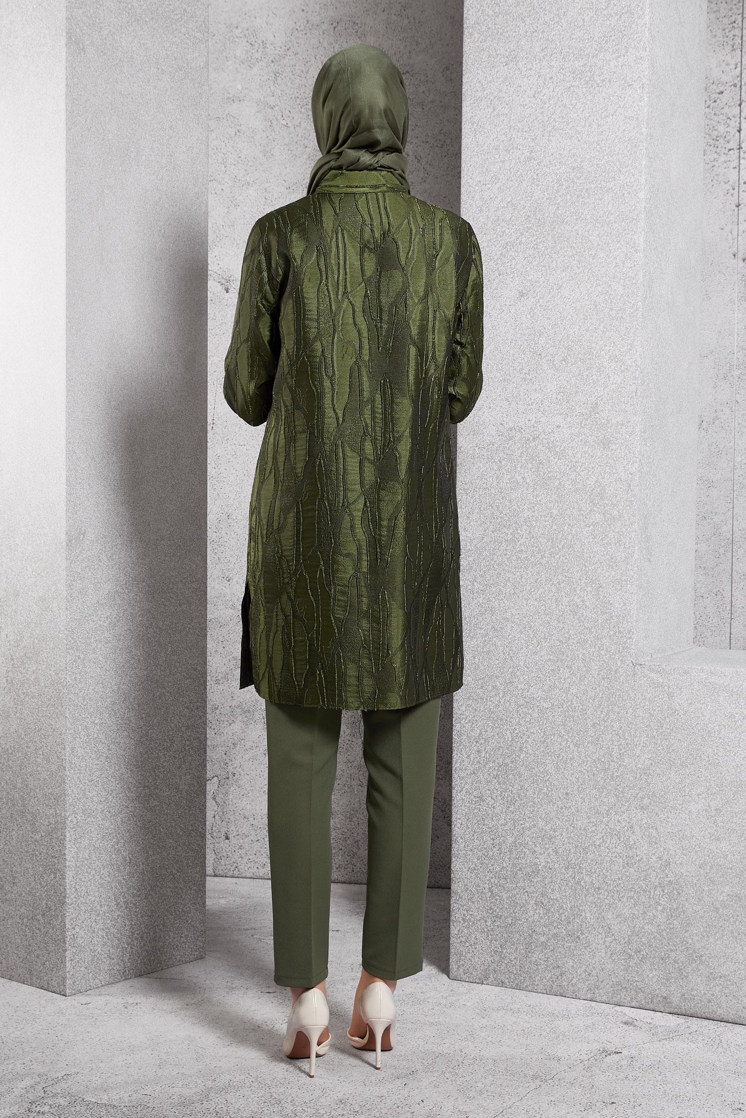 Tesettür giyim HAKİ BROŞLU JAKARLI TUNİK 44737