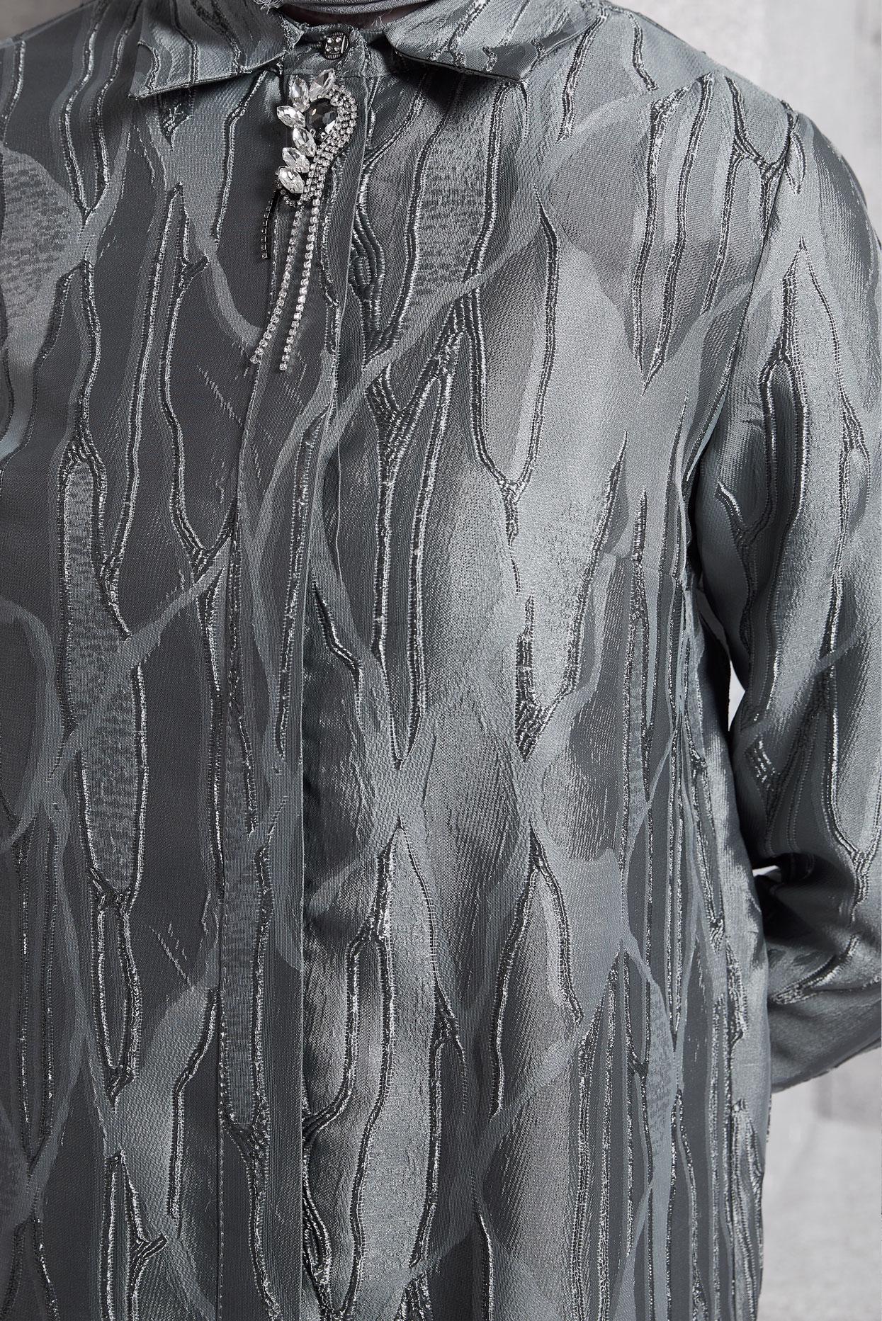 Tesettür giyim GRİ BROŞLU JAKARLI TUNİK 44737