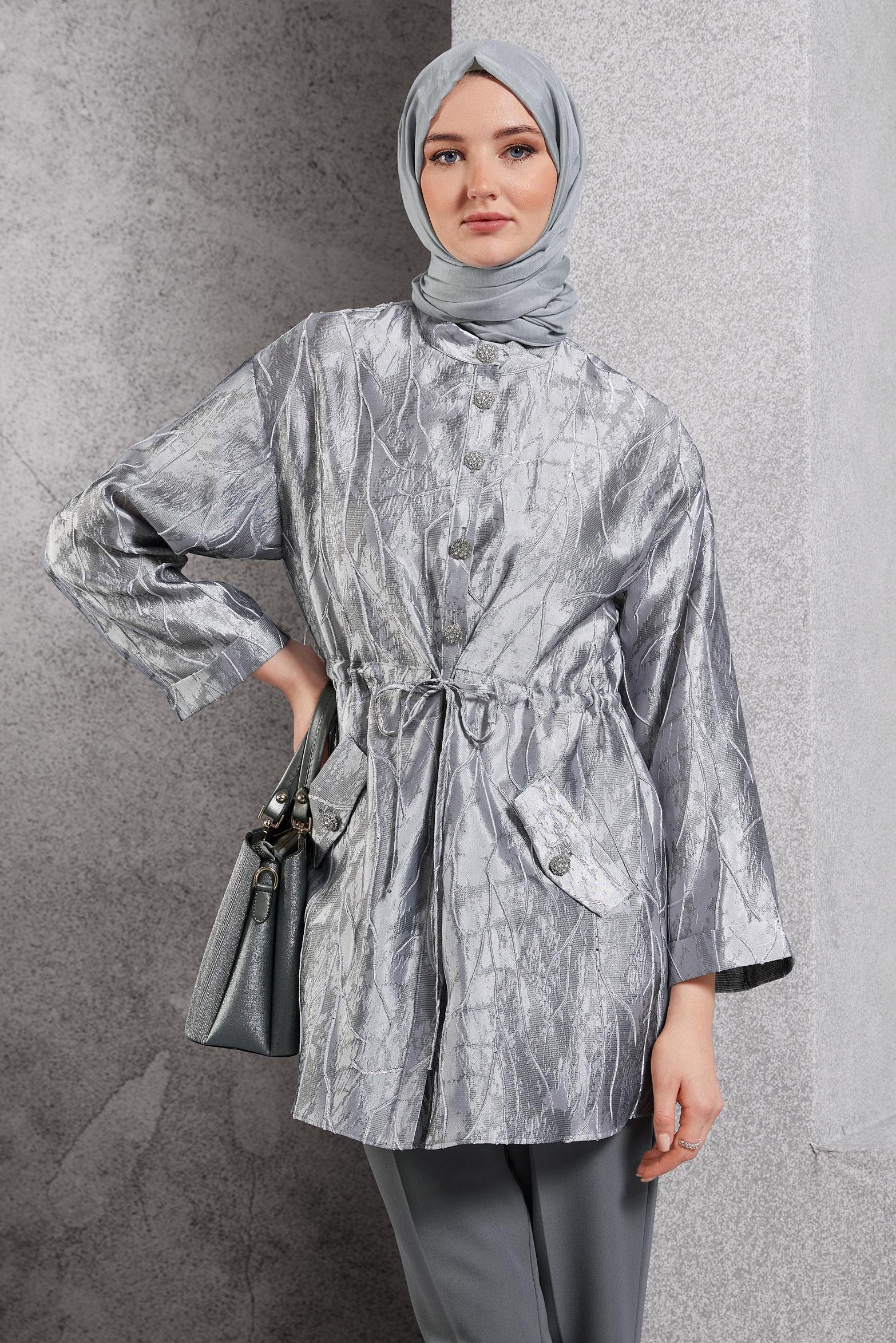 Tesettür giyim GRİ JAKARLI TESETTÜR TUNİK 44738