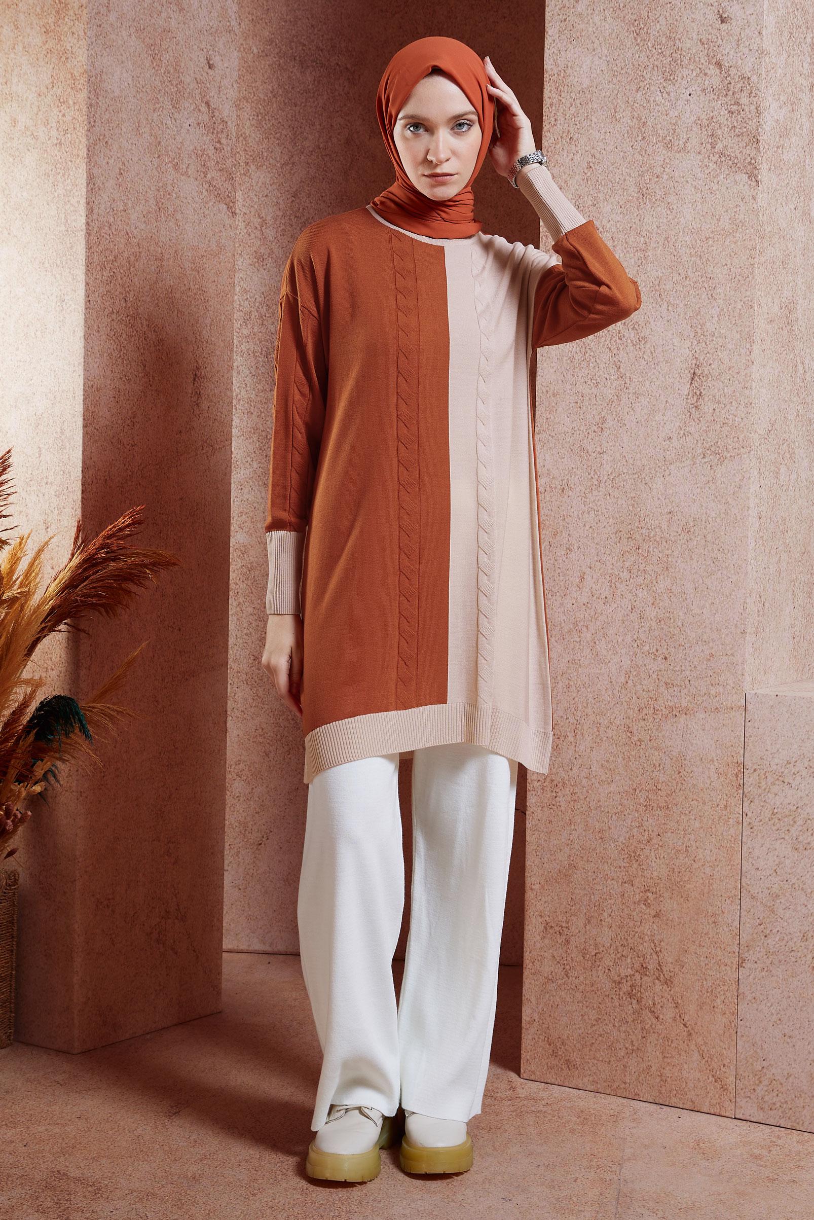 Tesettür giyim TURUNCU İKİ RENKLİ TRİKO TUNİK 44901