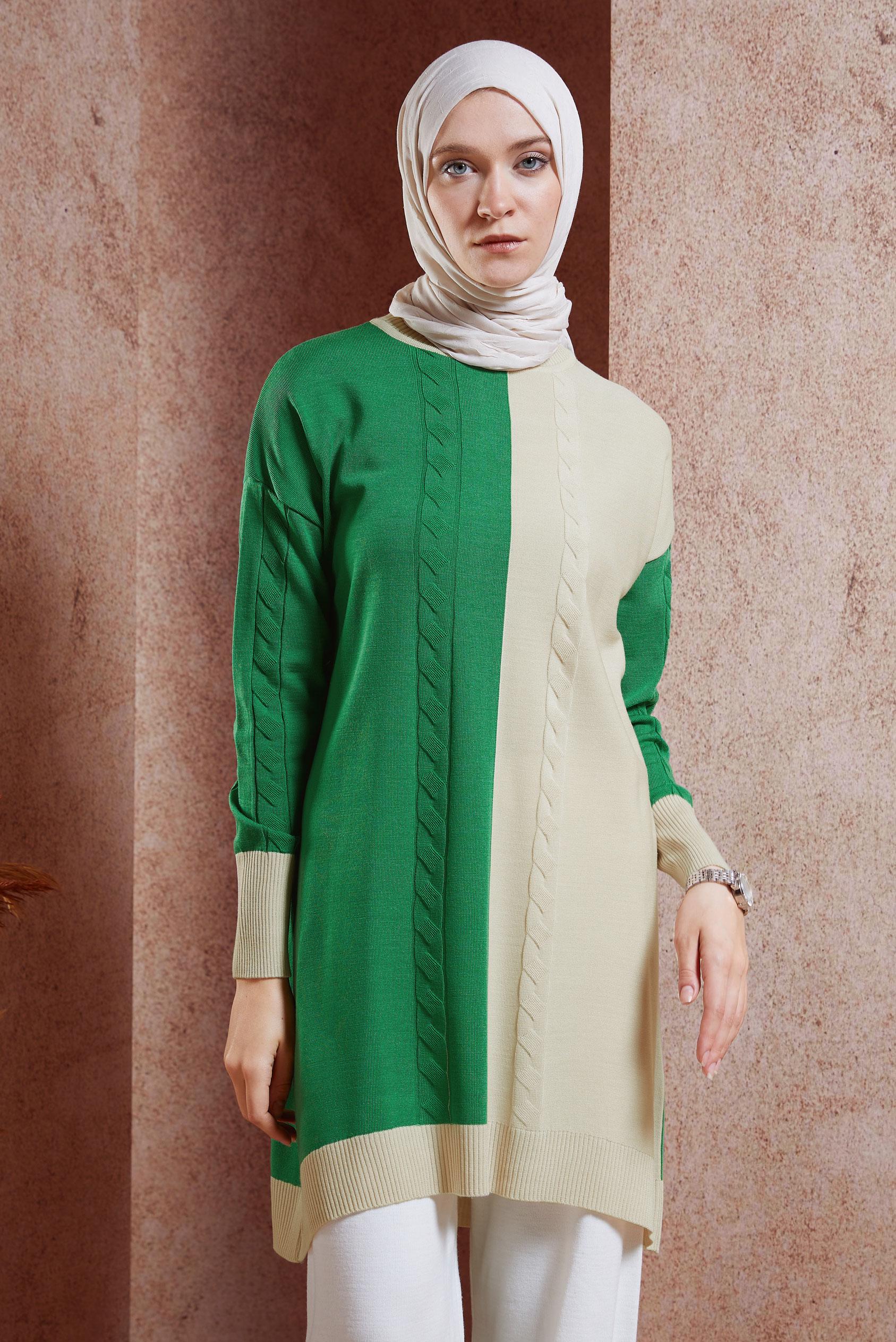 Tesettür giyim YEŞİL İKİ RENKLİ TRİKO TUNİK 44901