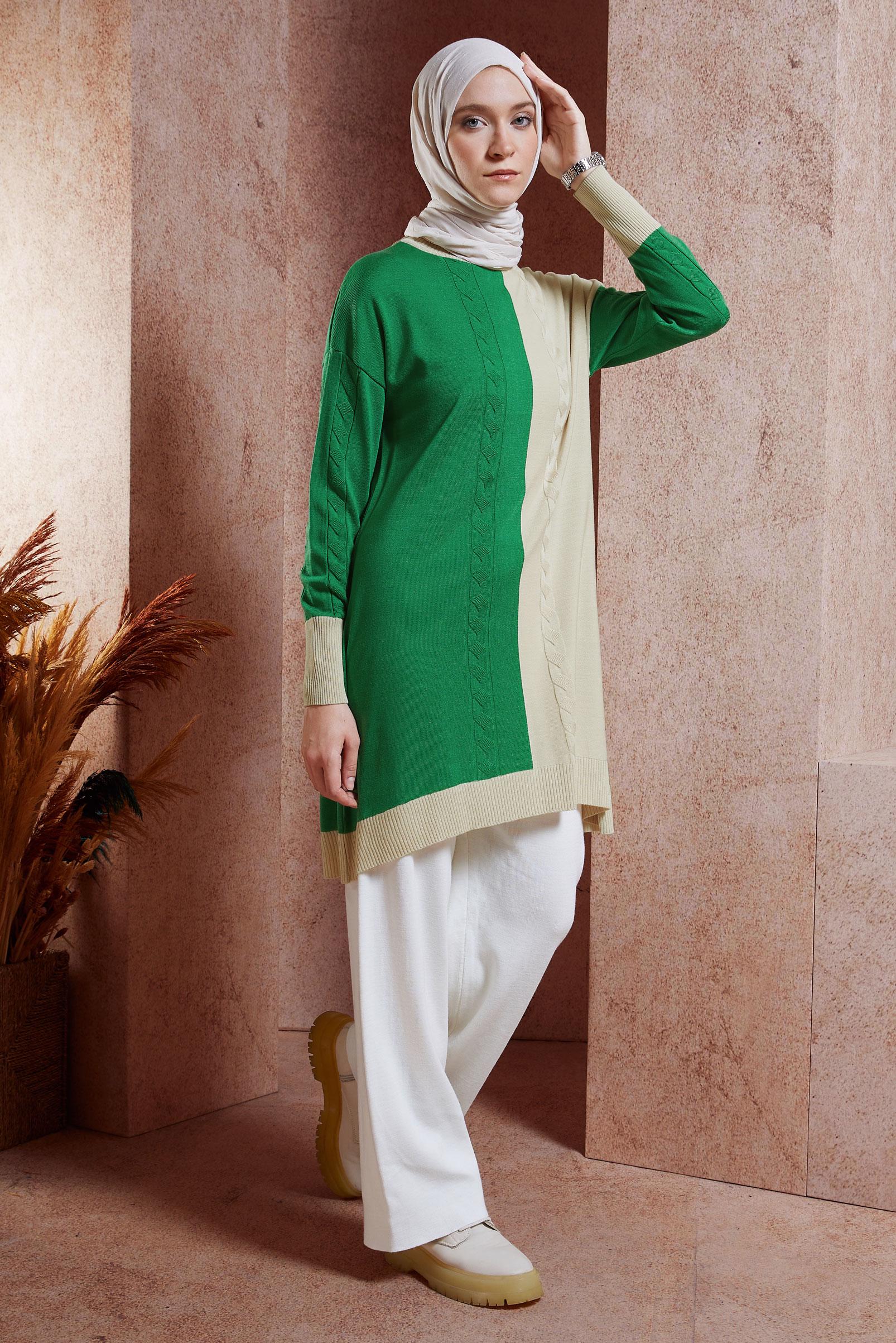 Tesettür giyim YEŞİL İKİ RENKLİ TRİKO TUNİK 44901