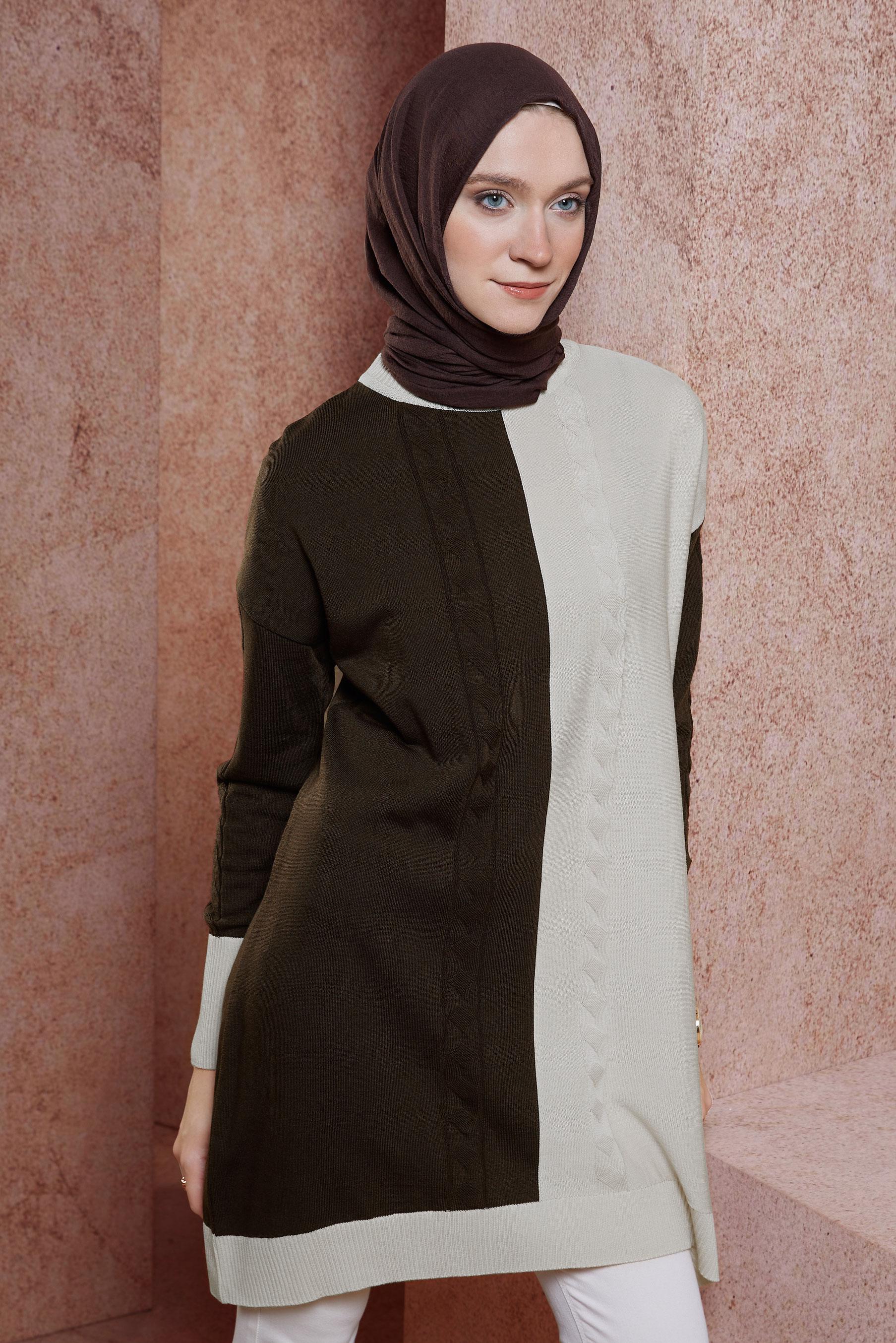 Tesettür giyim KAHVE İKİ RENKLİ TRİKO TUNİK 44901