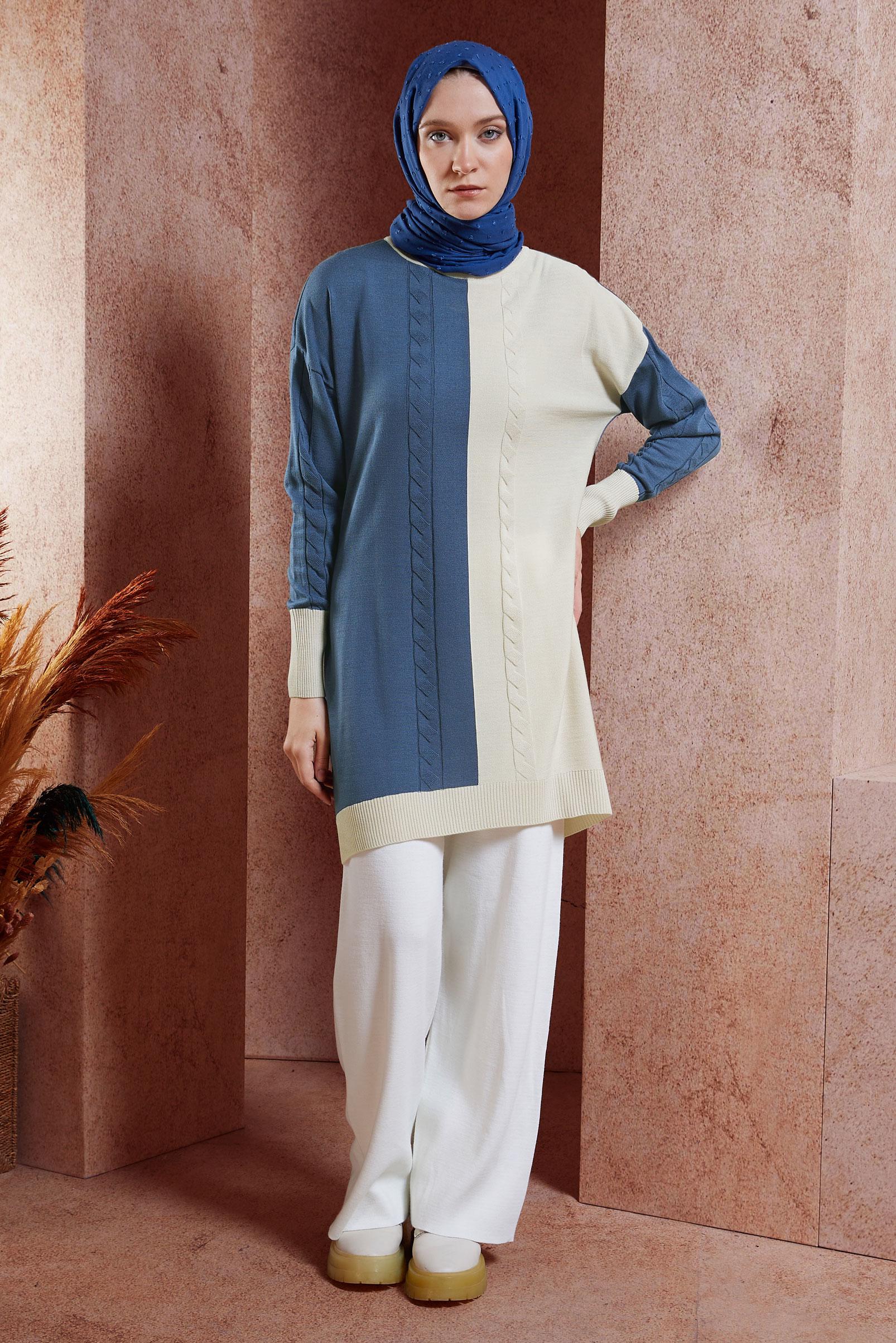 Tesettür giyim MAVİ İKİ RENKLİ TRİKO TUNİK 44901