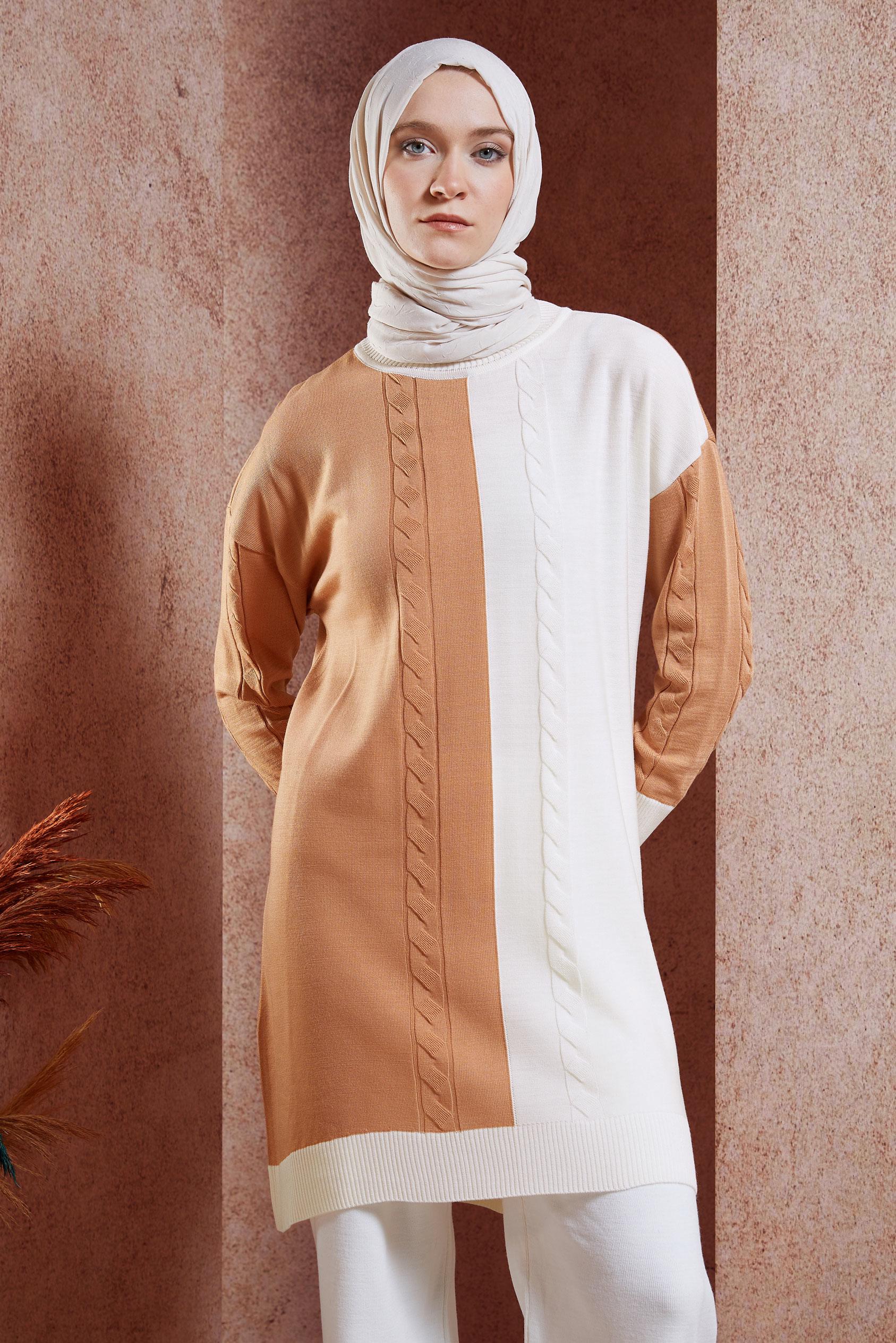 Tesettür giyim PEMBE İKİ RENKLİ TRİKO TUNİK 44901