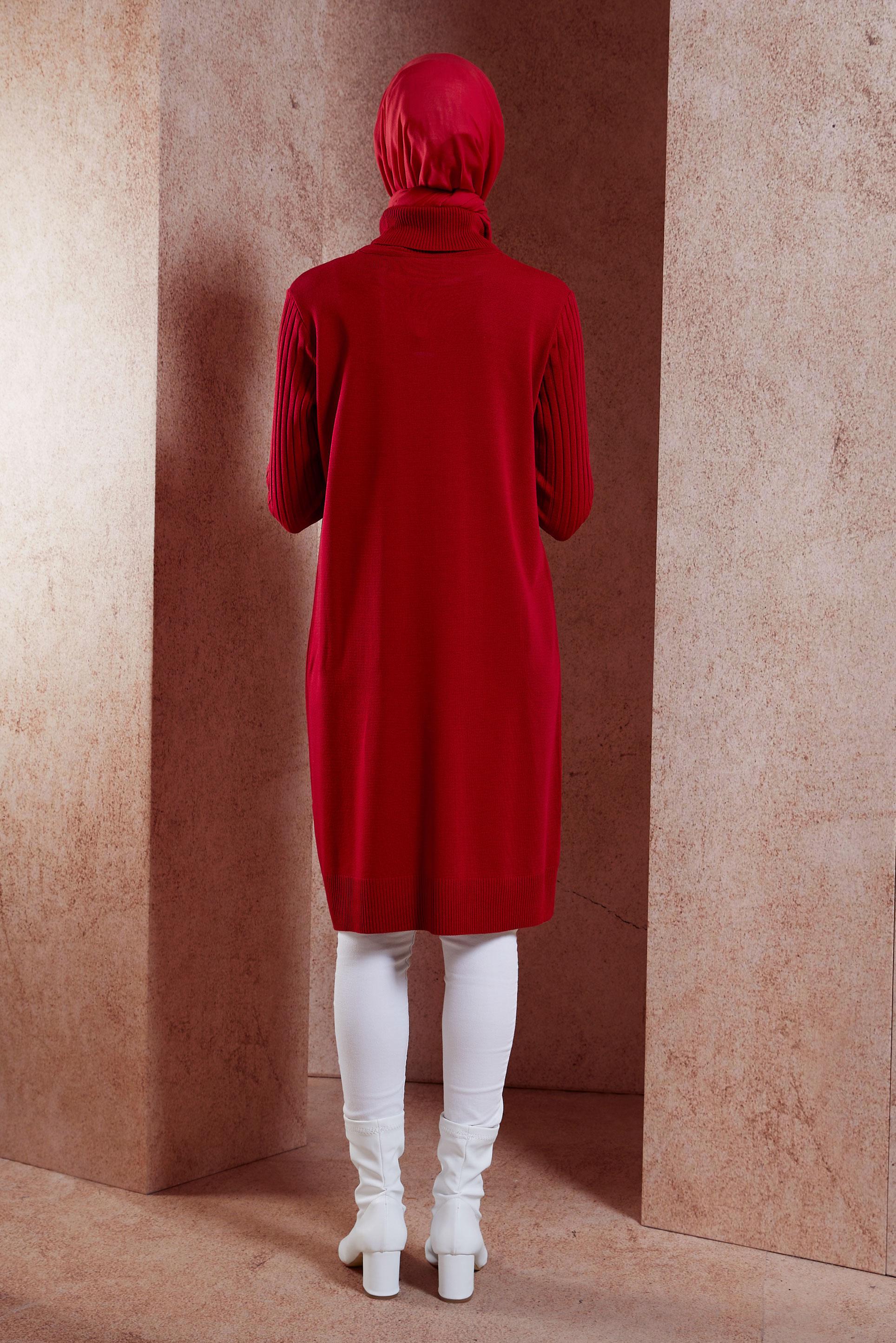 Tesettür giyim KIRMIZI BOĞAZLI YAKA TRİKO TUNİK 44902