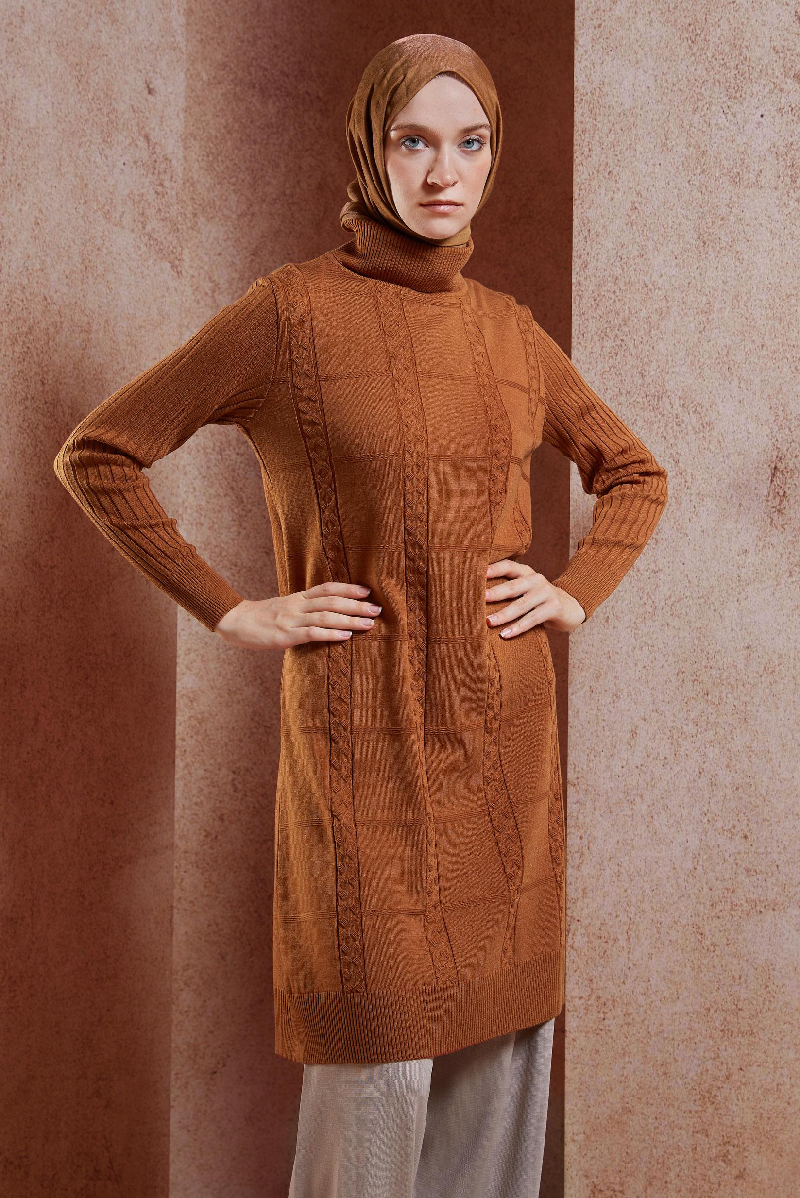 Tesettür giyim TURUNCU BOĞAZLI YAKA TRİKO TUNİK 44902