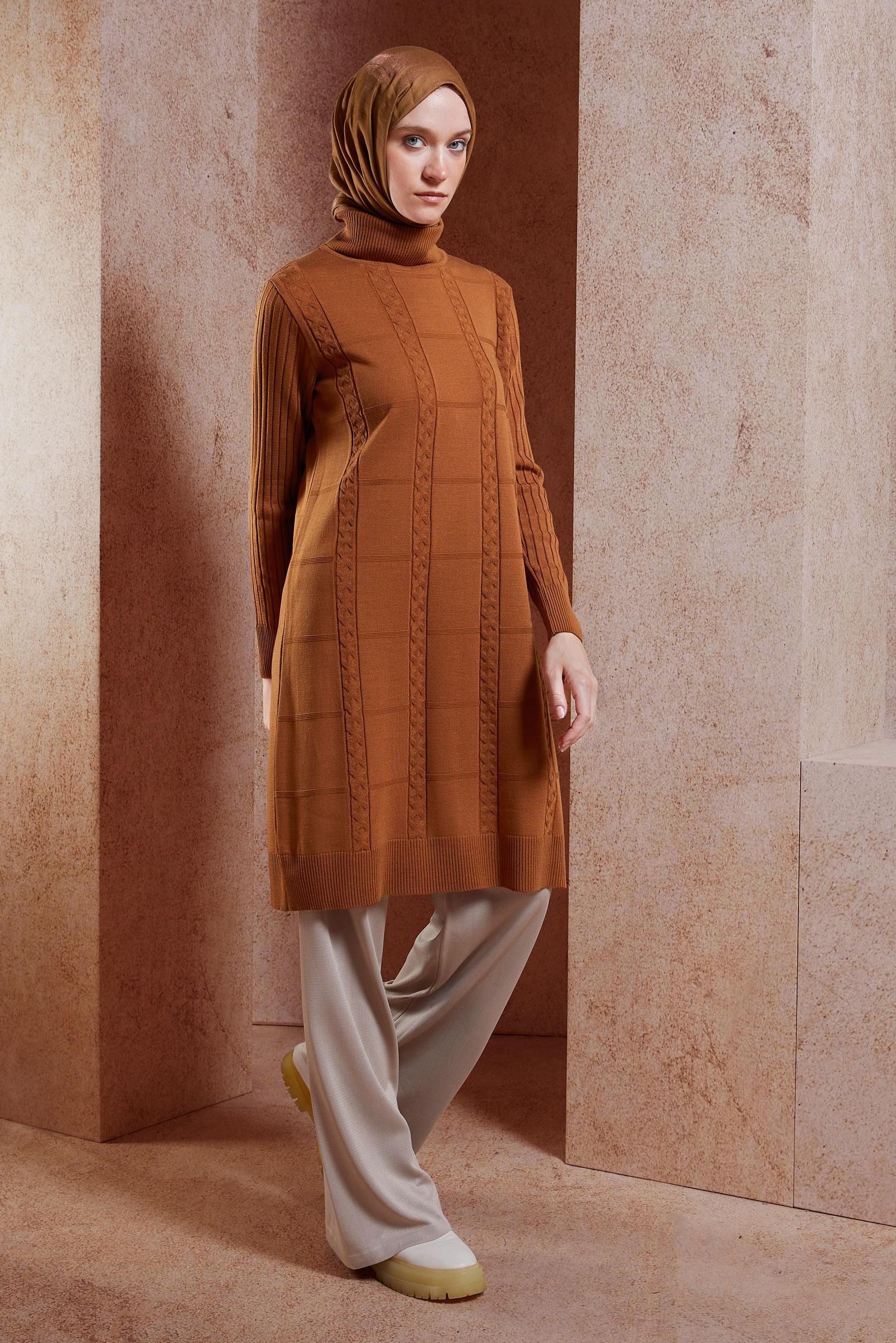 Tesettür giyim TURUNCU BOĞAZLI YAKA TRİKO TUNİK 44902