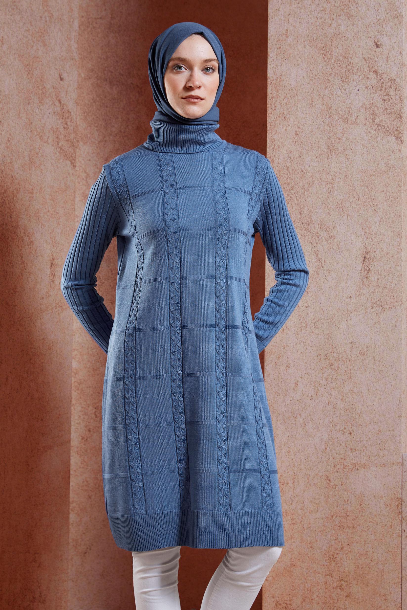 Tesettür giyim MAVİ BOĞAZLI YAKA TRİKO TUNİK 44902