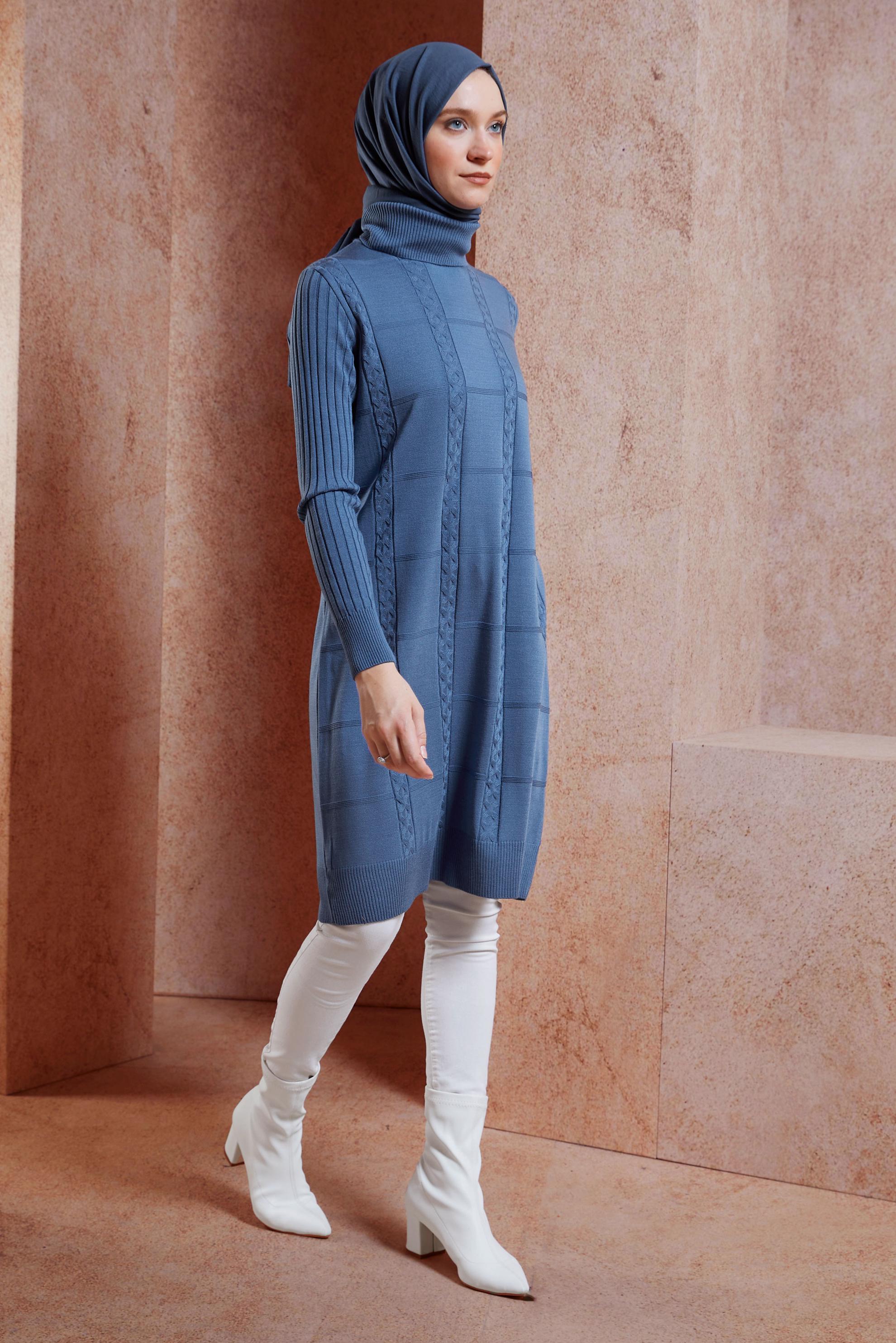 Tesettür giyim MAVİ BOĞAZLI YAKA TRİKO TUNİK 44902