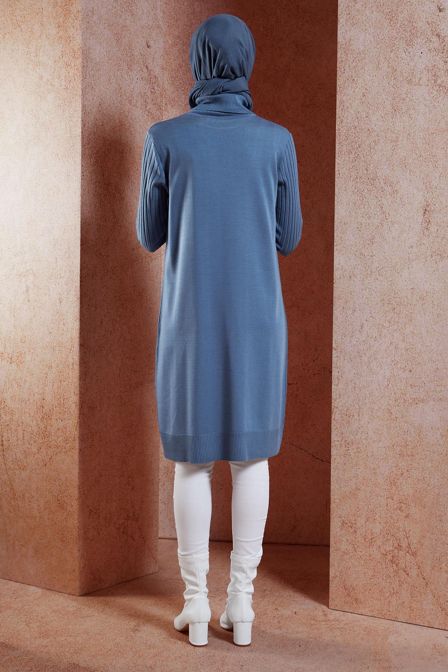 Tesettür giyim MAVİ BOĞAZLI YAKA TRİKO TUNİK 44902