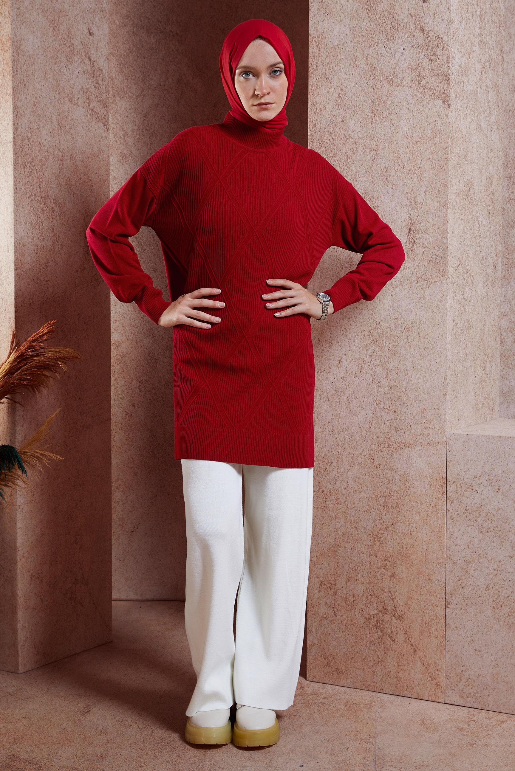 Tesettür giyim KIRMIZI TESETTÜR TRİKO TUNİK 44904