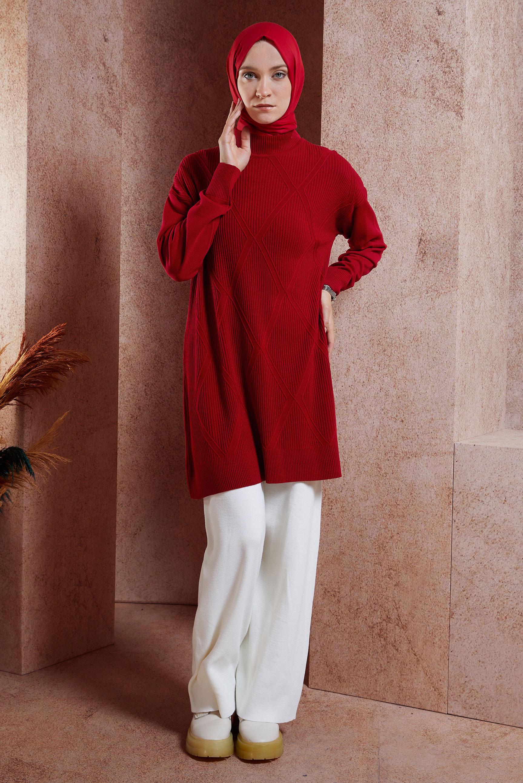 Tesettür giyim KIRMIZI TESETTÜR TRİKO TUNİK 44904