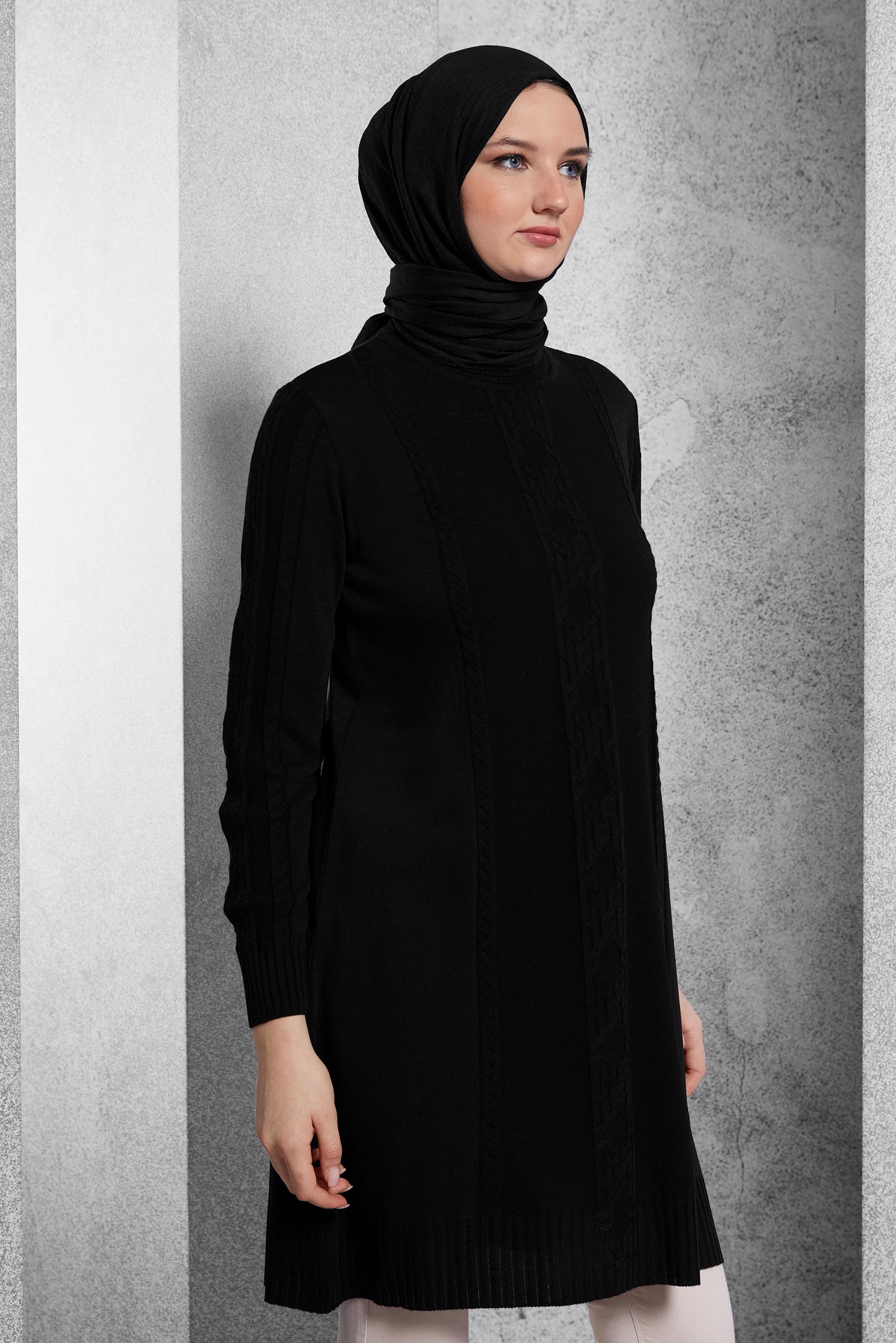 Tesettür giyim SİYAH ÖRGÜ DESENLİ TRİKO TUNİK 44905