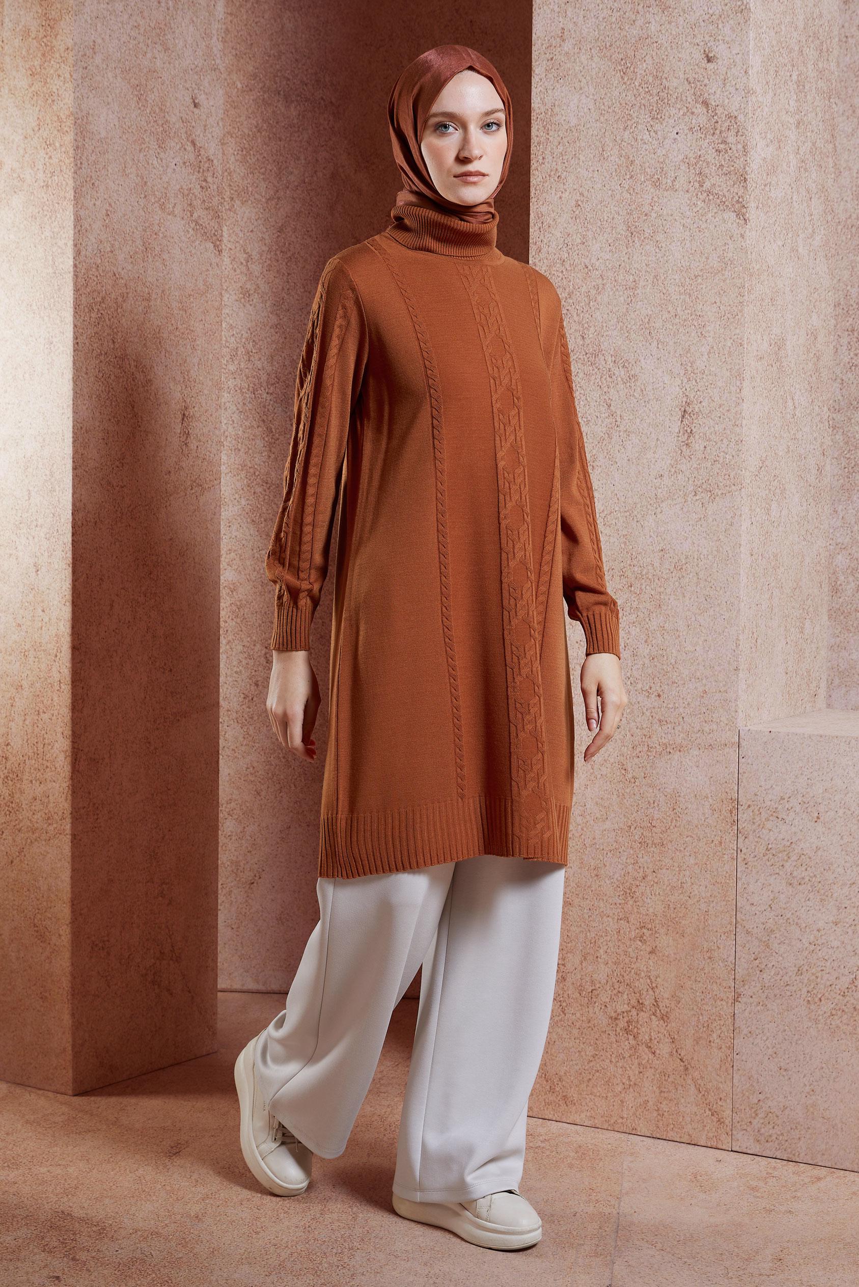 Tesettür giyim TURUNCU ÖRGÜ DESENLİ TRİKO TUNİK 44905