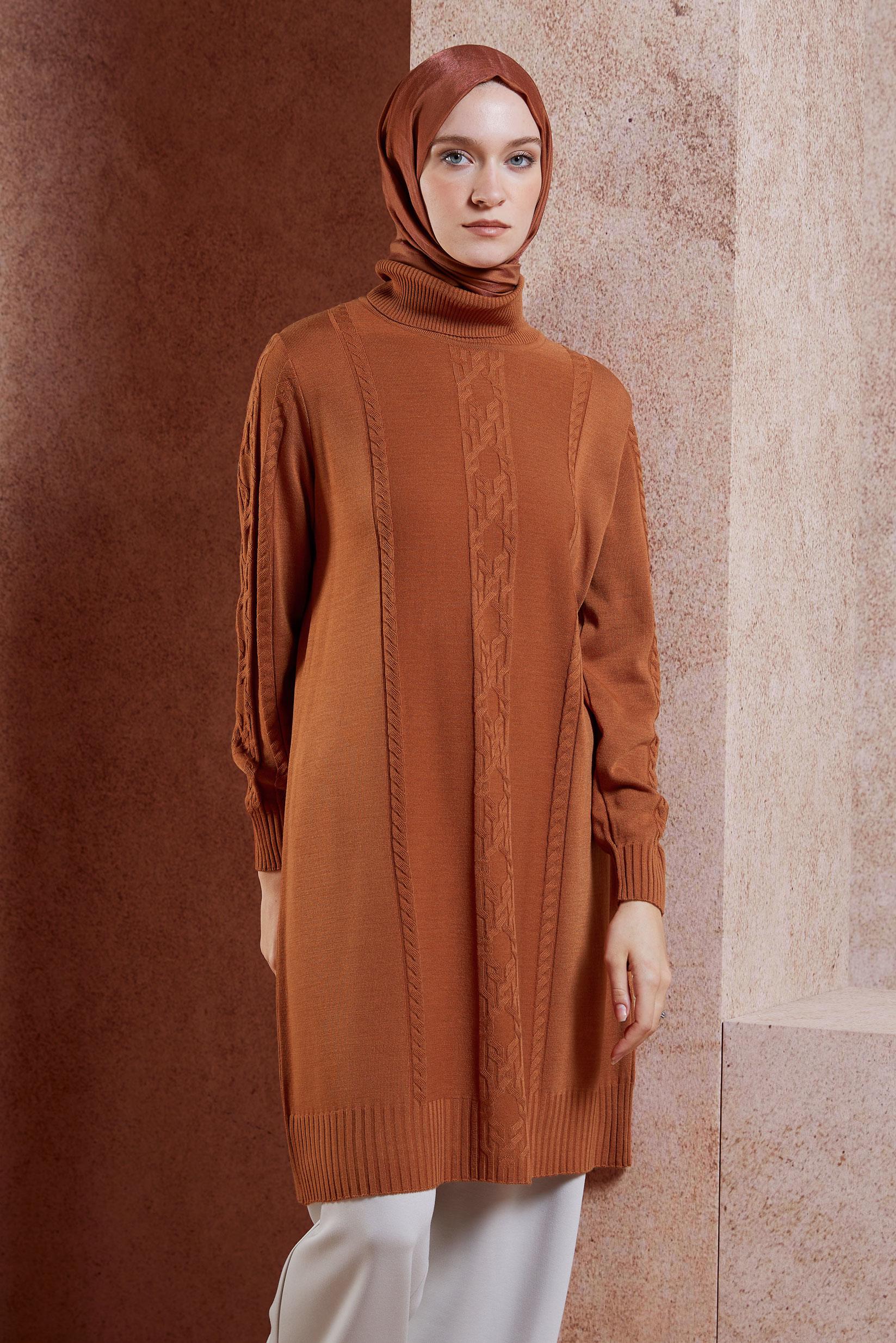 Tesettür giyim TURUNCU ÖRGÜ DESENLİ TRİKO TUNİK 44905