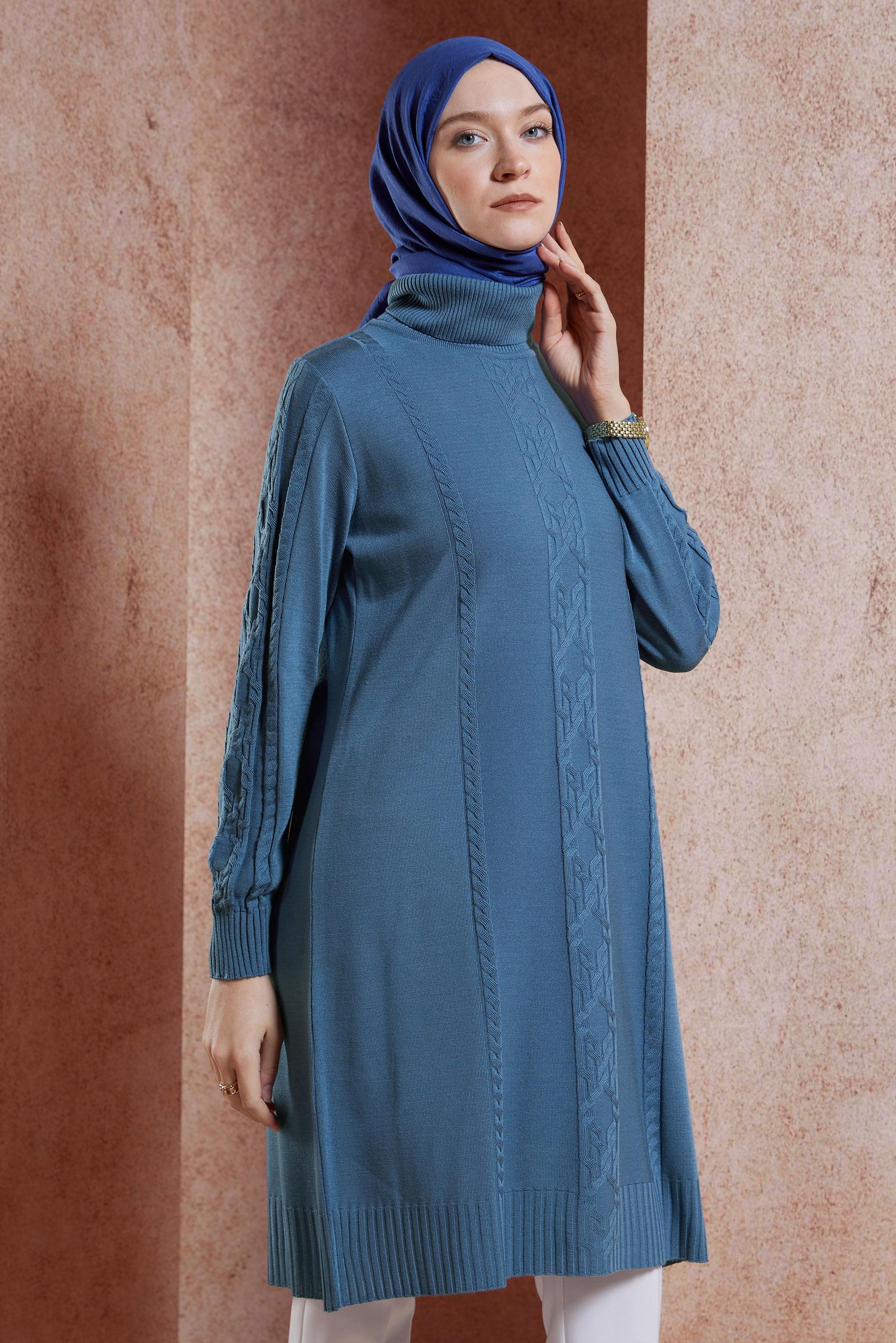 Tesettür giyim MAVİ ÖRGÜ DESENLİ TRİKO TUNİK 44905