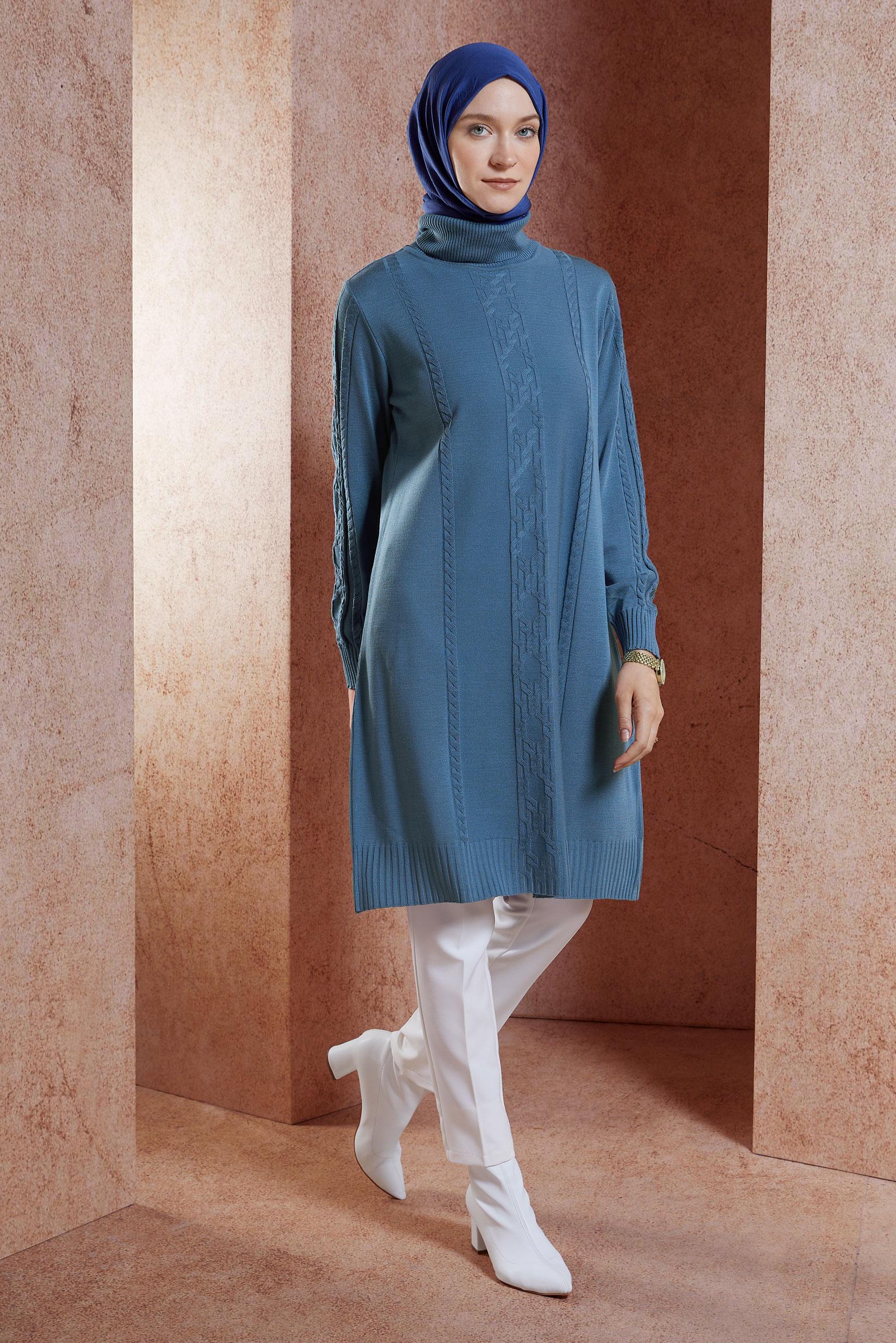 Tesettür giyim MAVİ ÖRGÜ DESENLİ TRİKO TUNİK 44905