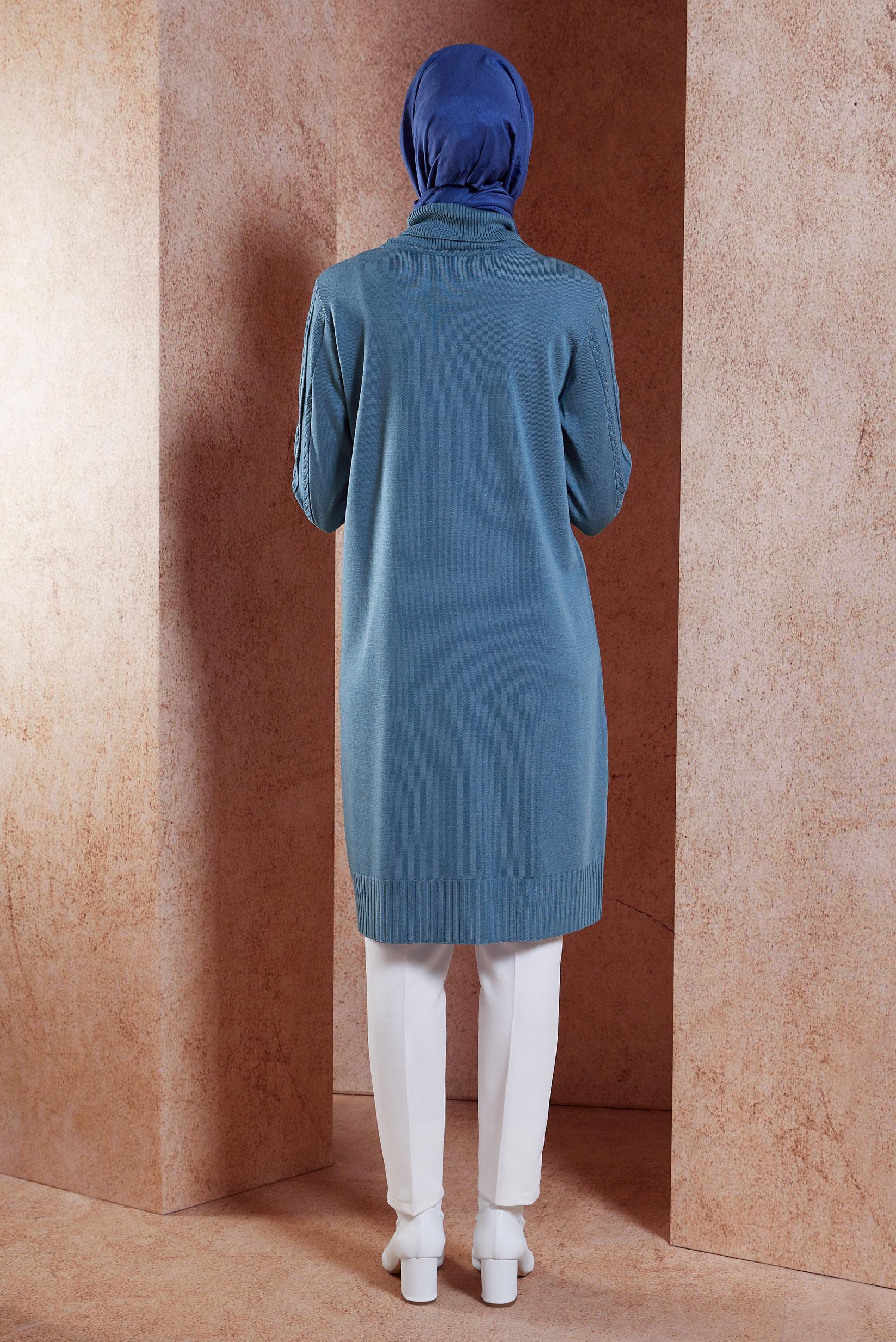 Tesettür giyim MAVİ ÖRGÜ DESENLİ TRİKO TUNİK 44905