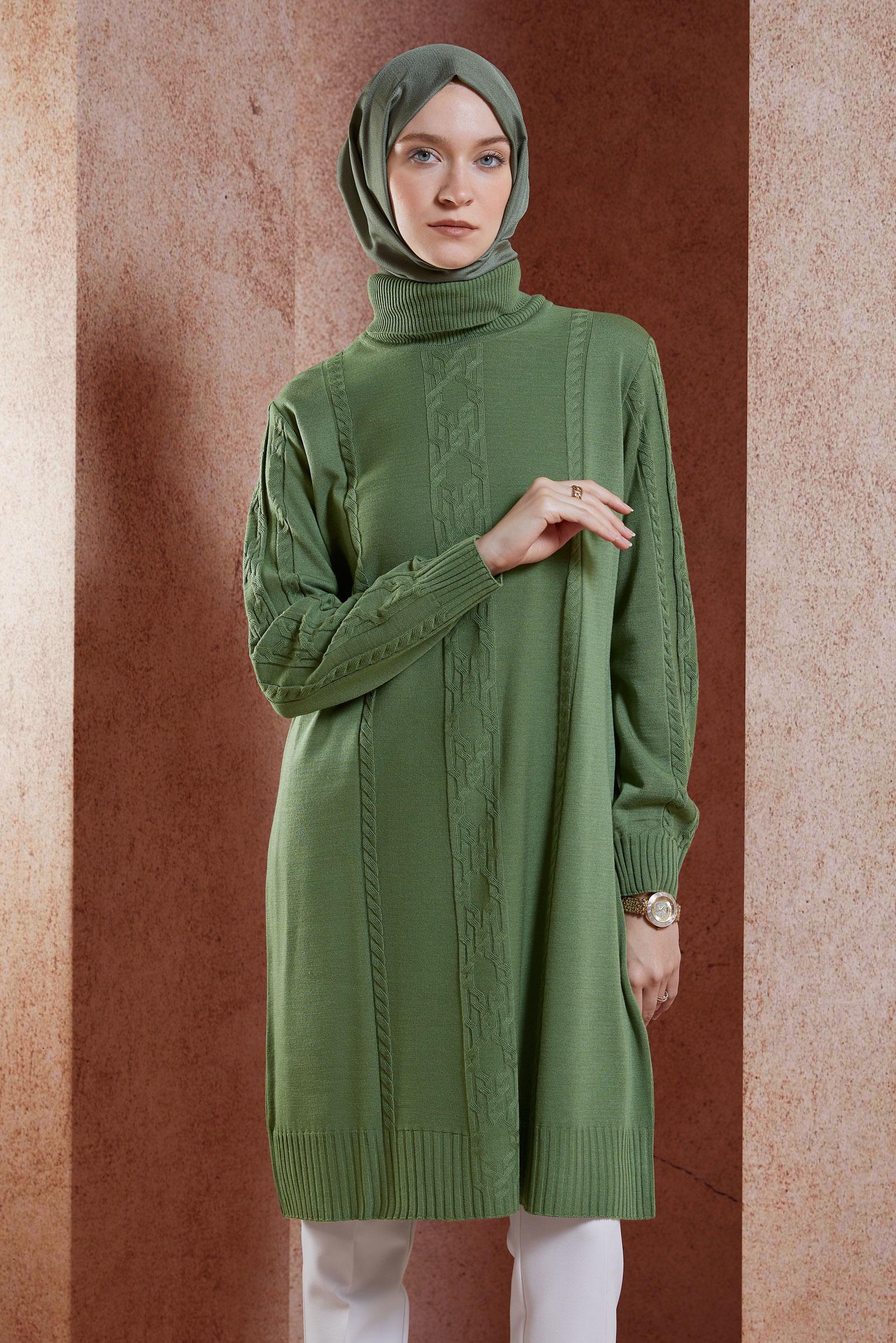 Tesettür giyim YEŞİL ÖRGÜ DESENLİ TRİKO TUNİK 44905