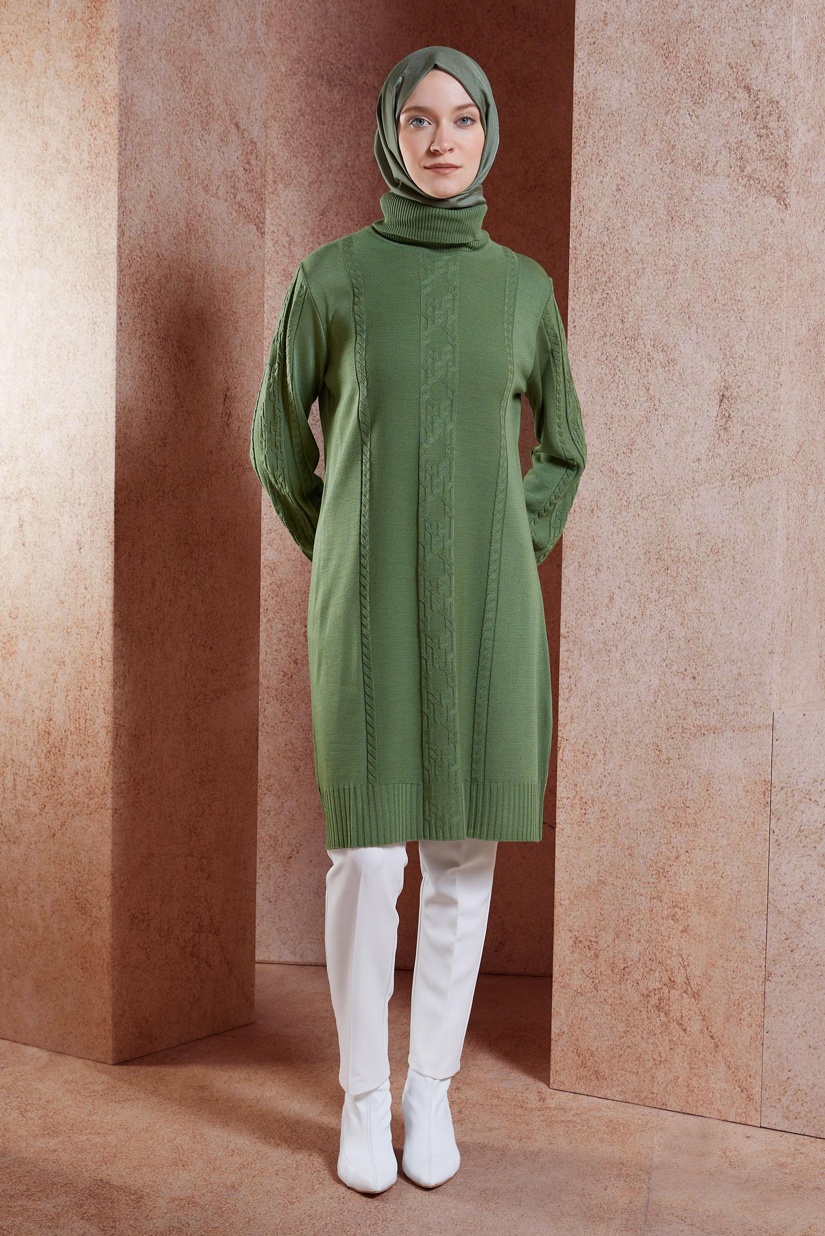 Tesettür giyim YEŞİL ÖRGÜ DESENLİ TRİKO TUNİK 44905